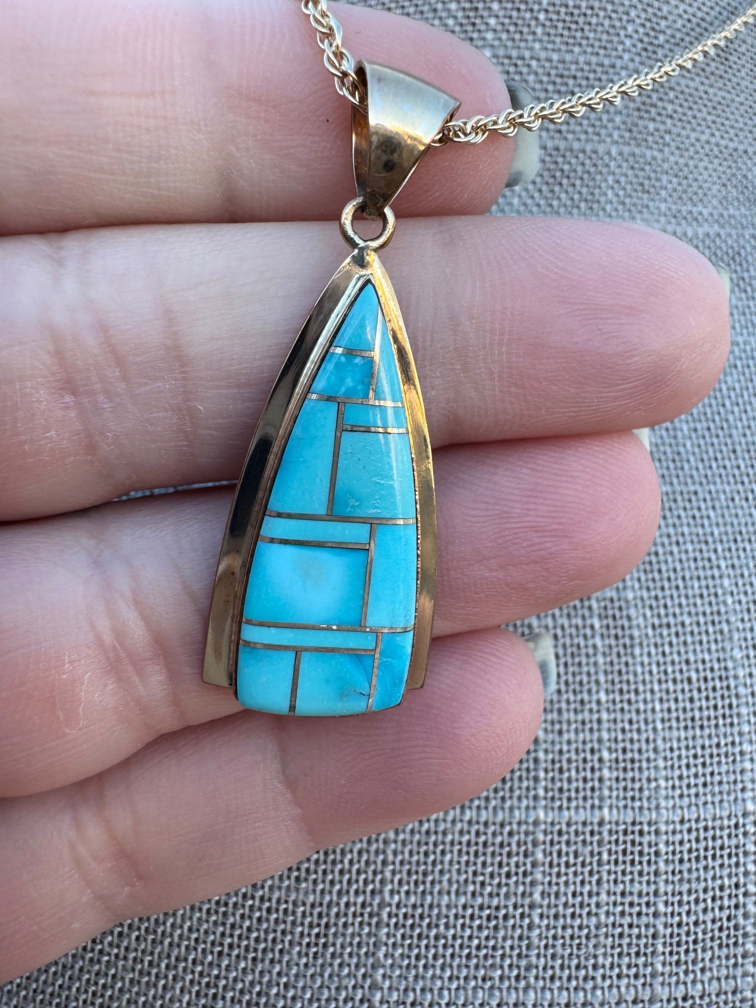 Handmade Gold Filled Over Sterling Silver & Turquoise Inlay Pendant Necklace 16"