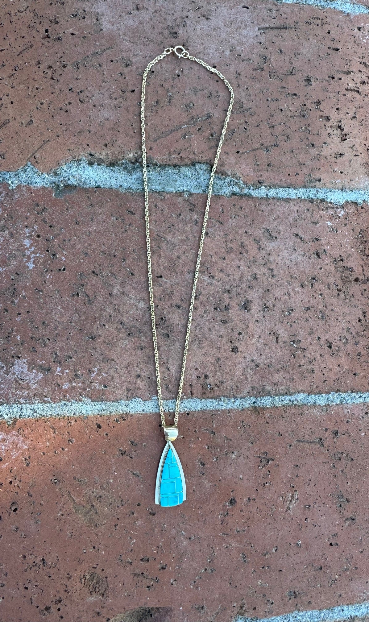 Handmade Gold Filled Over Sterling Silver & Turquoise Inlay Pendant Necklace 16"