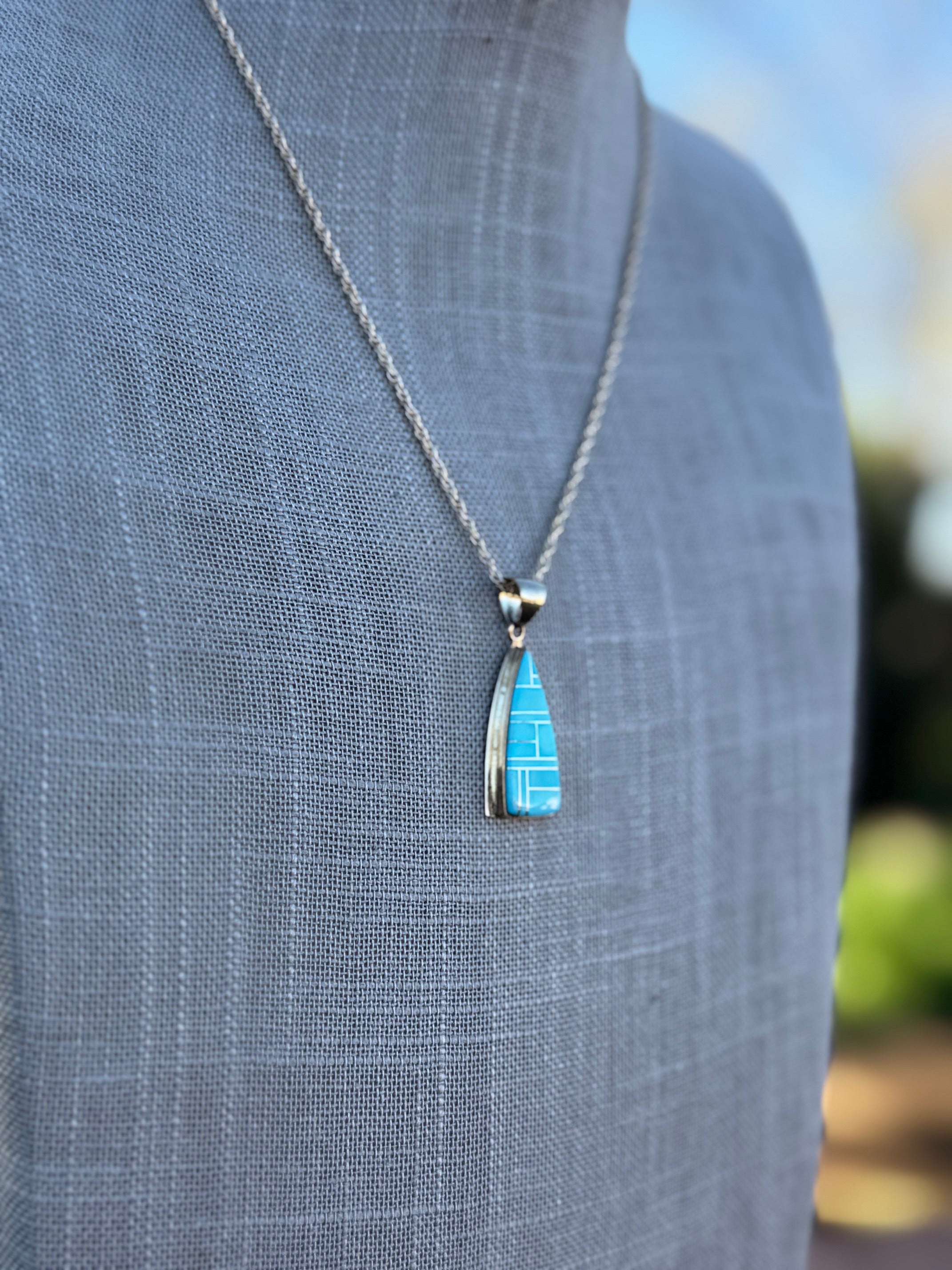 Handmade Gold Filled Over Sterling Silver & Turquoise Inlay Pendant Necklace 18"