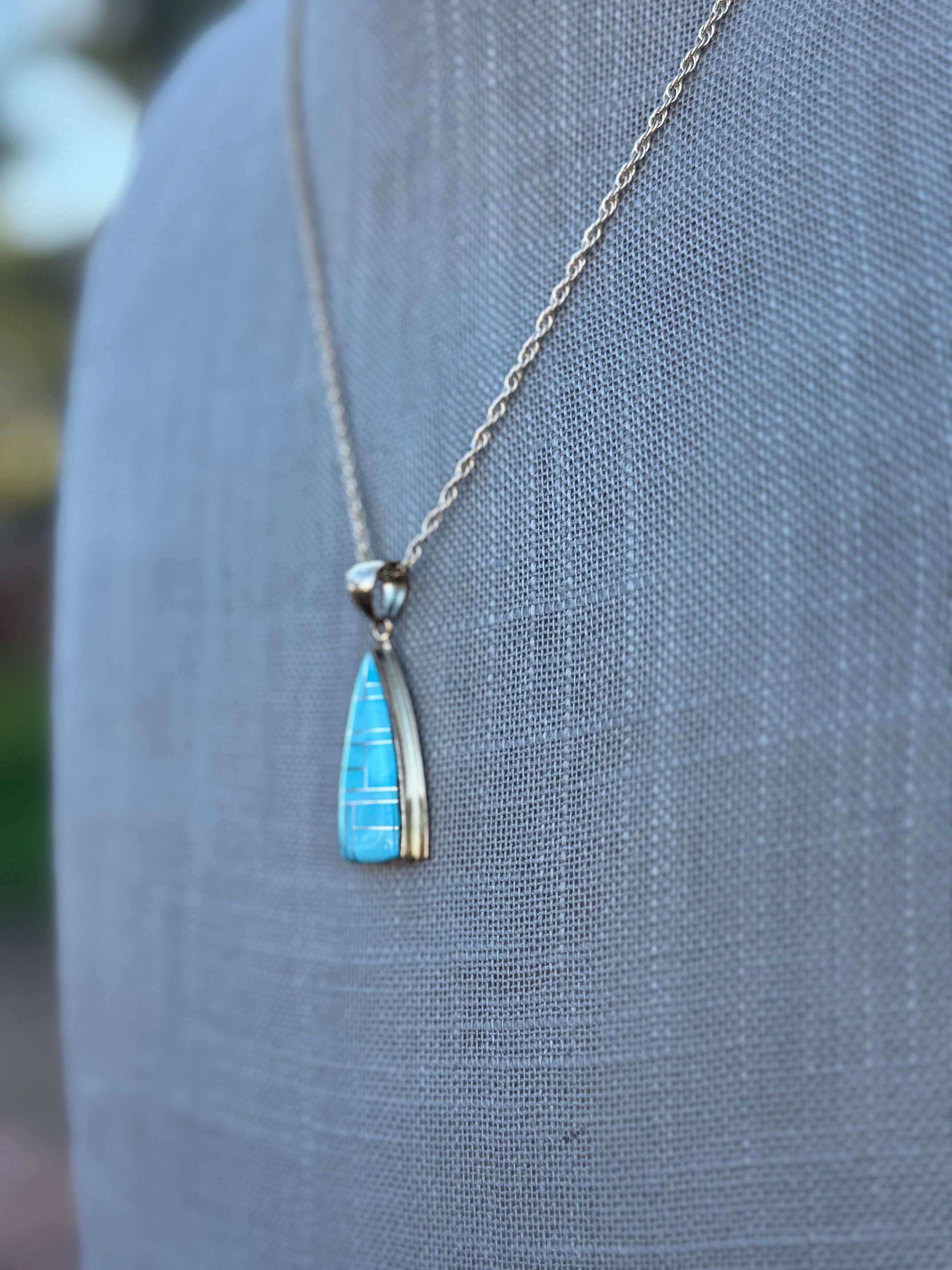 Handmade Gold Filled Over Sterling Silver & Turquoise Inlay Pendant Necklace 18"