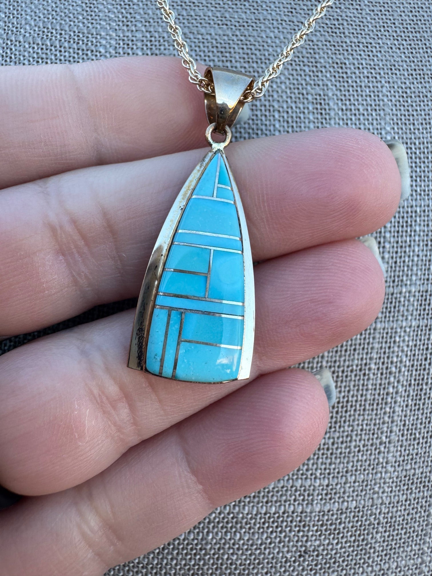 Handmade Gold Filled Over Sterling Silver & Turquoise Inlay Pendant Necklace 18"