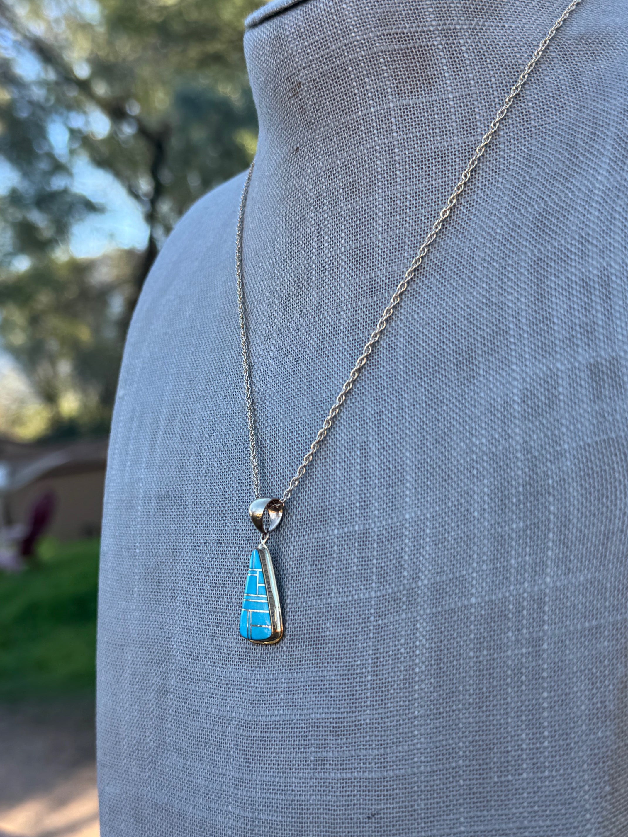 Handmade Gold Filled Over Sterling Silver & Turquoise Inlay Pendant Necklace 18"
