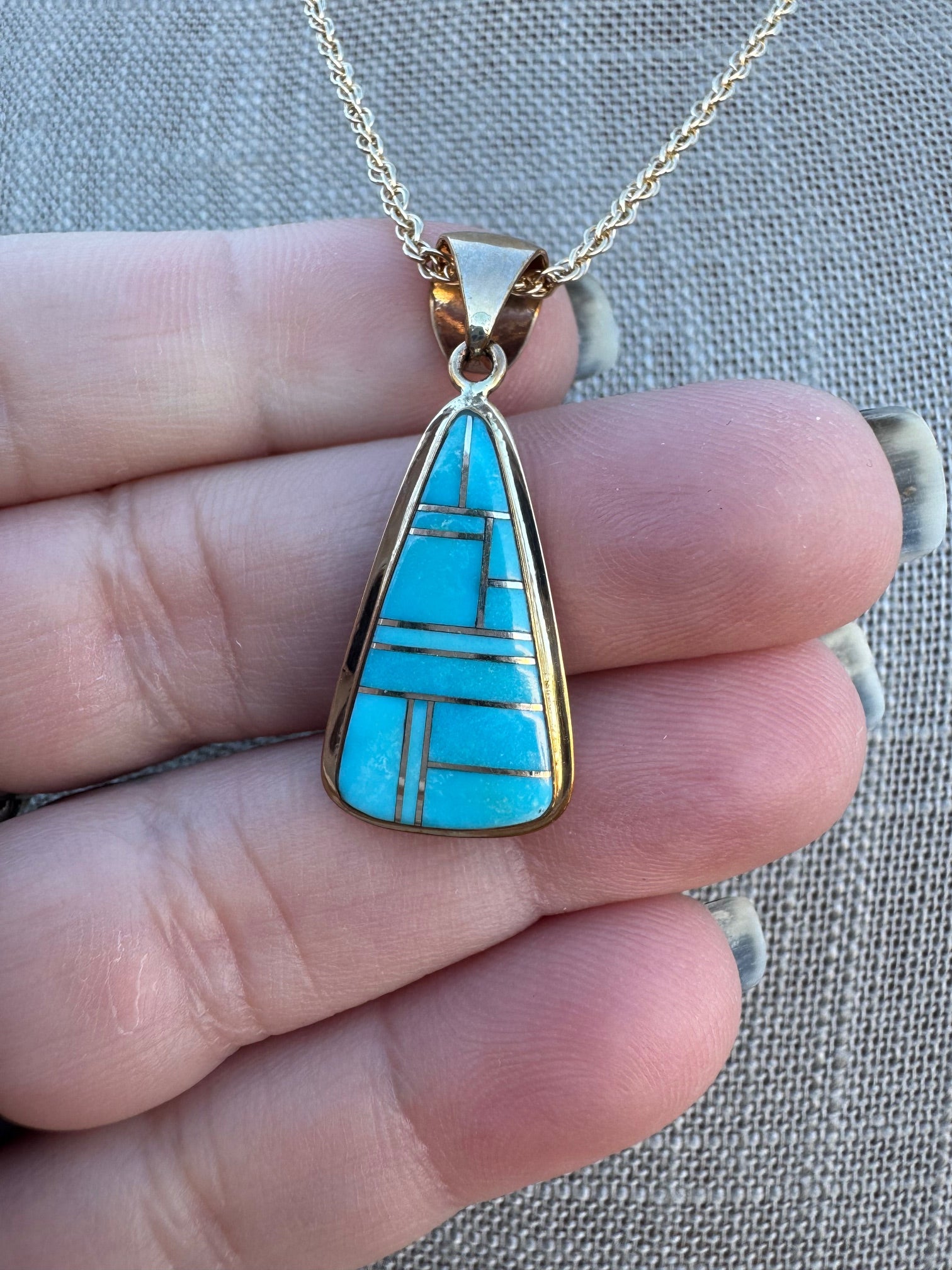Handmade Gold Filled Over Sterling Silver & Turquoise Inlay Pendant Necklace 18"