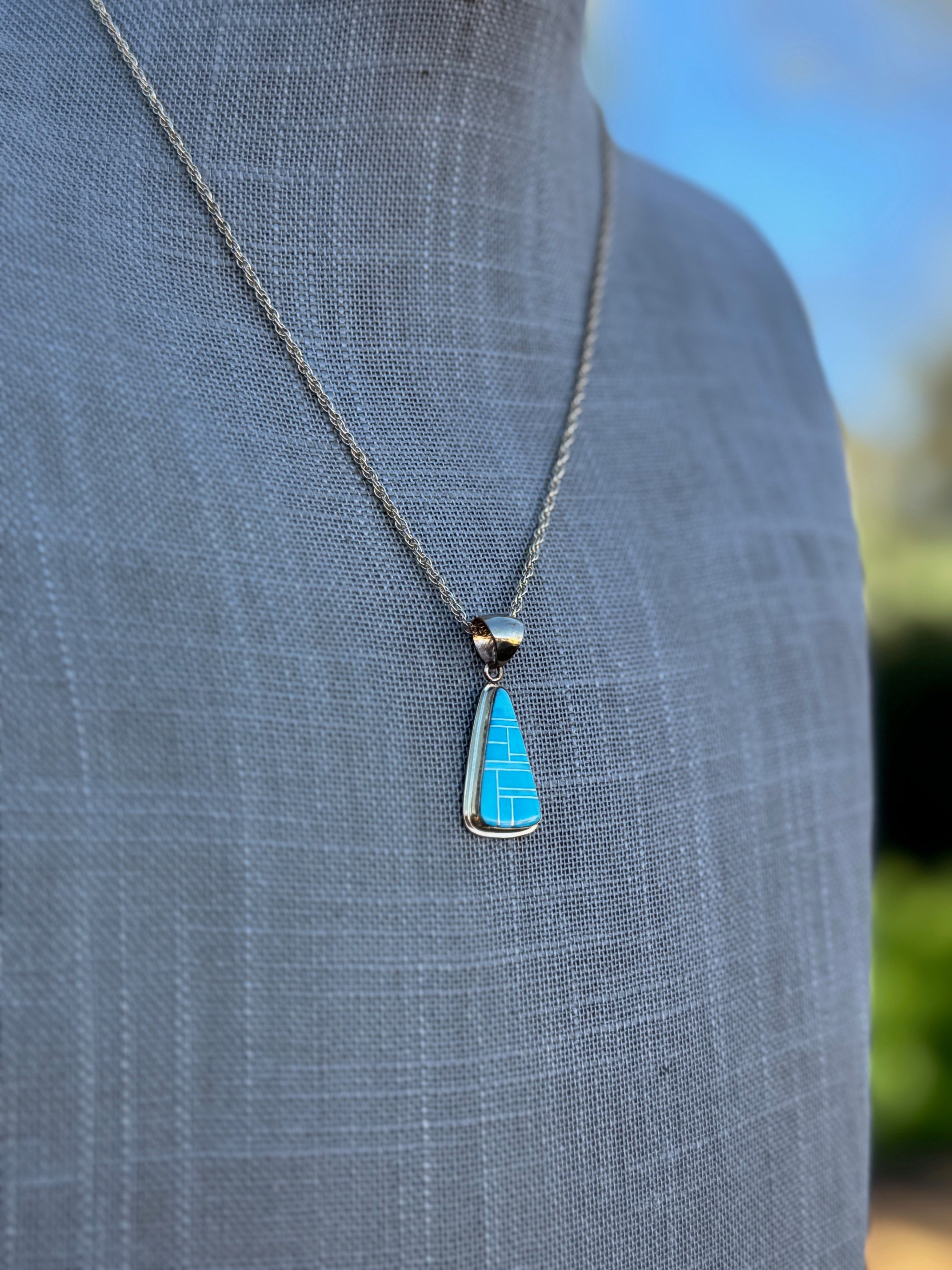 Handmade Gold Filled Over Sterling Silver & Turquoise Inlay Pendant Necklace 18"