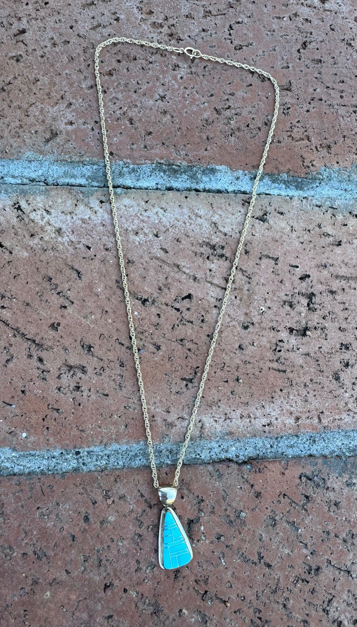 Handmade Gold Filled Over Sterling Silver & Turquoise Inlay Pendant Necklace 18"