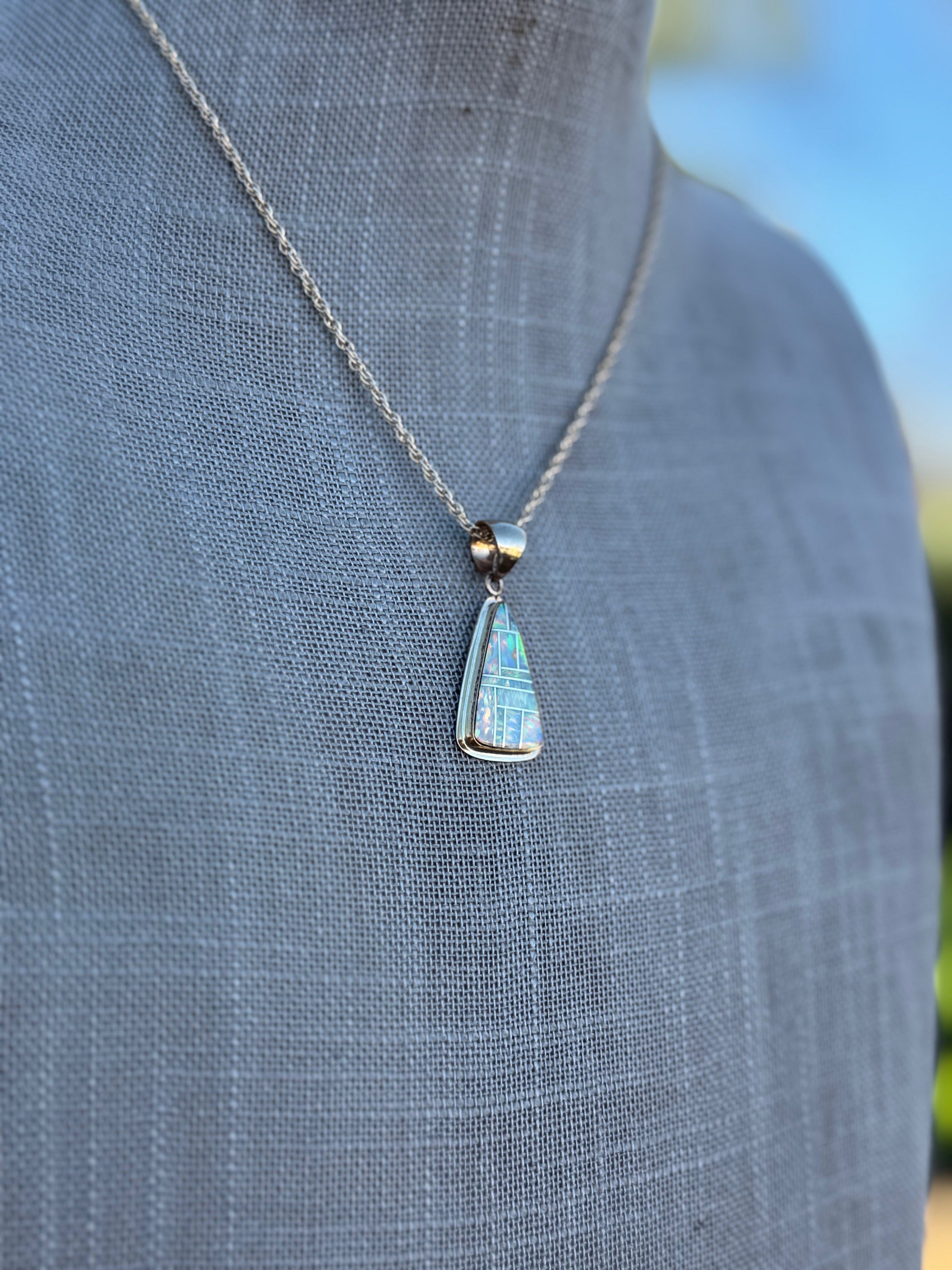 Handmade Gold Filled Over Sterling Silver & Opal Inlay Pendant Necklace 16"