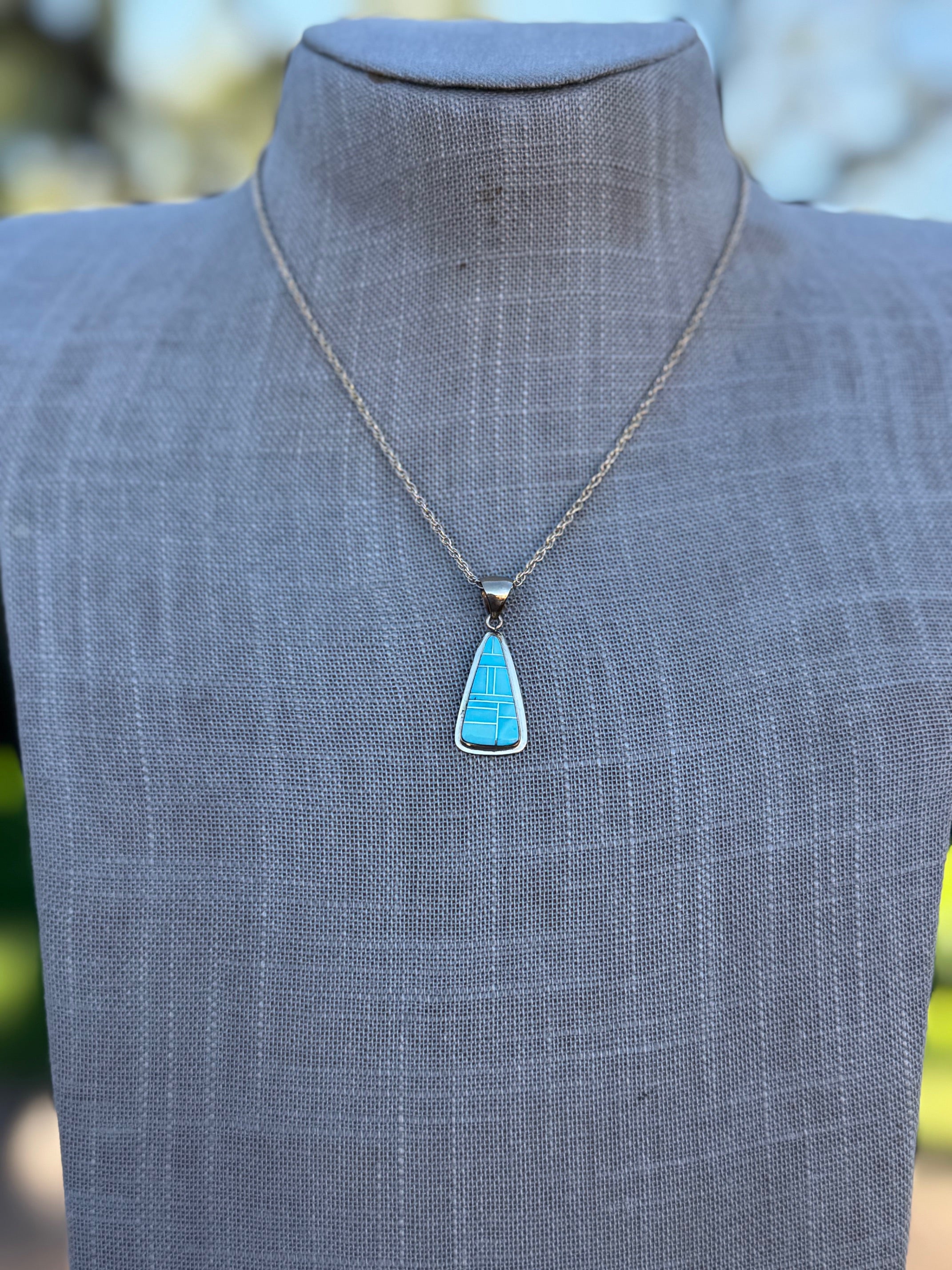 Handmade Gold Filled Over Sterling Silver & Turquoise Inlay Pendant Necklace 16"