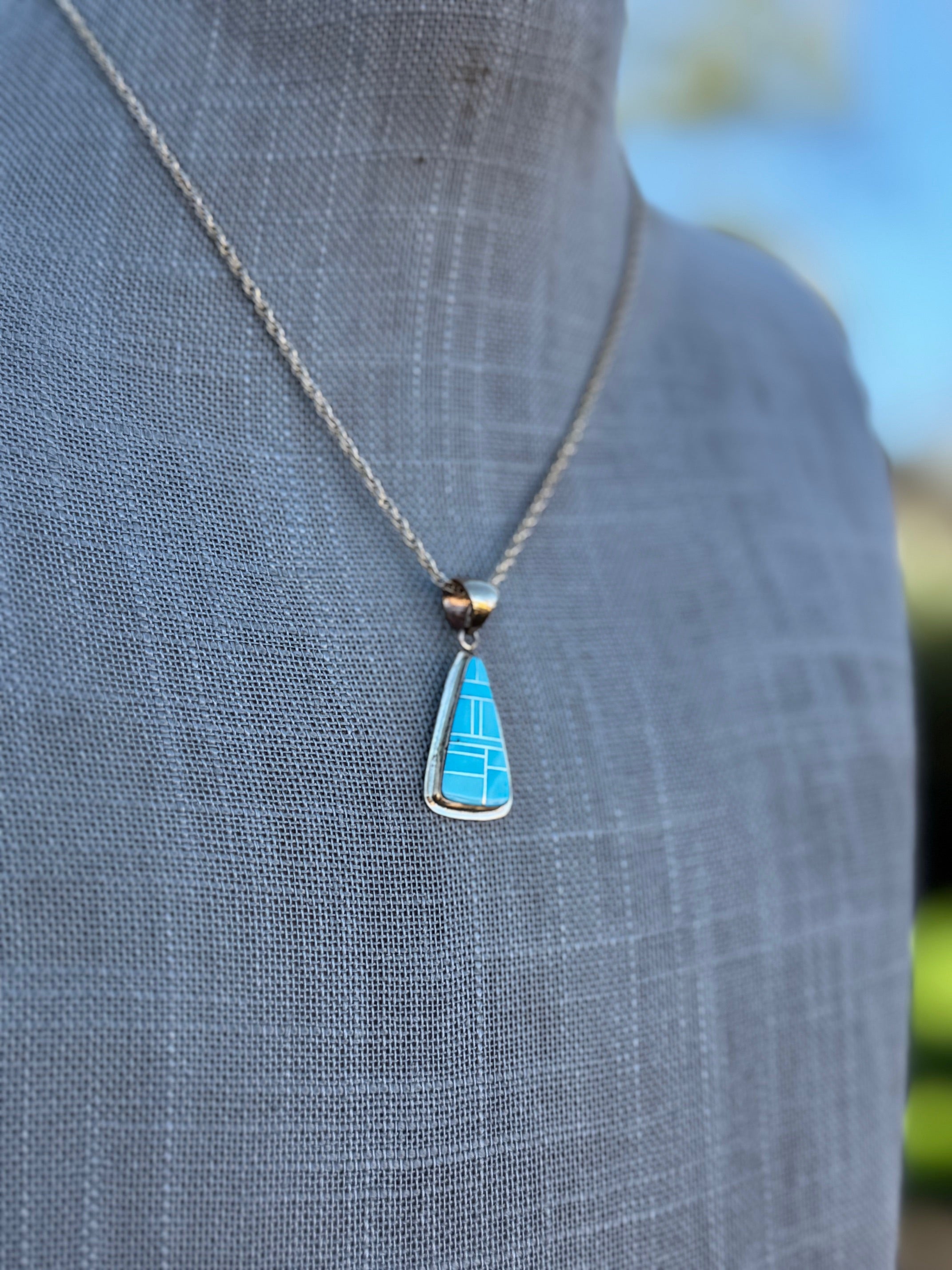 Handmade Gold Filled Over Sterling Silver & Turquoise Inlay Pendant Necklace 16"