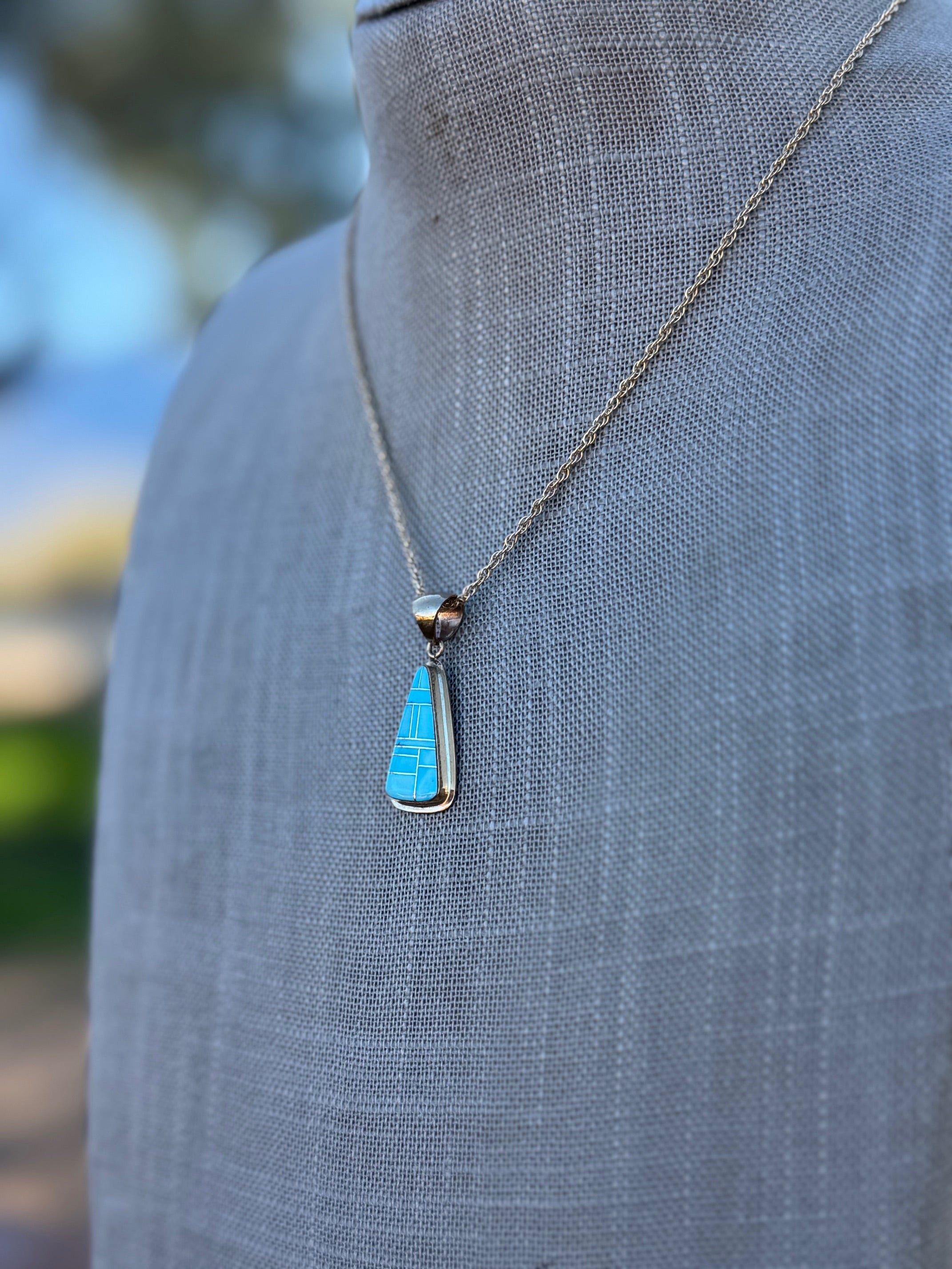 Handmade Gold Filled Over Sterling Silver & Turquoise Inlay Pendant Necklace 16"