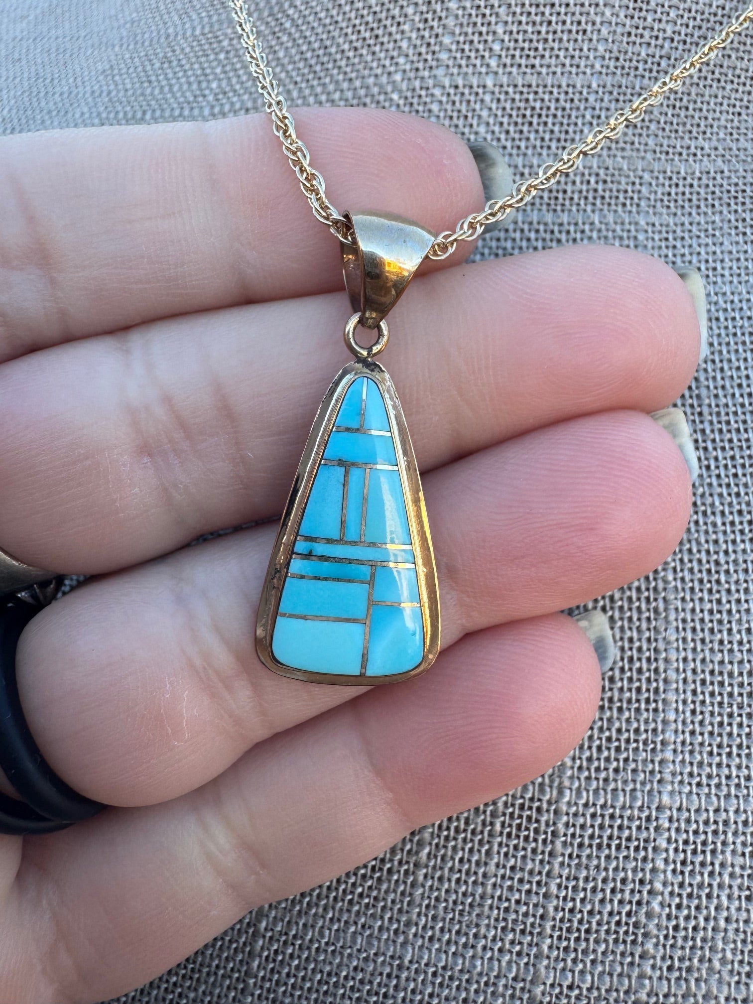 Handmade Gold Filled Over Sterling Silver & Turquoise Inlay Pendant Necklace 16"