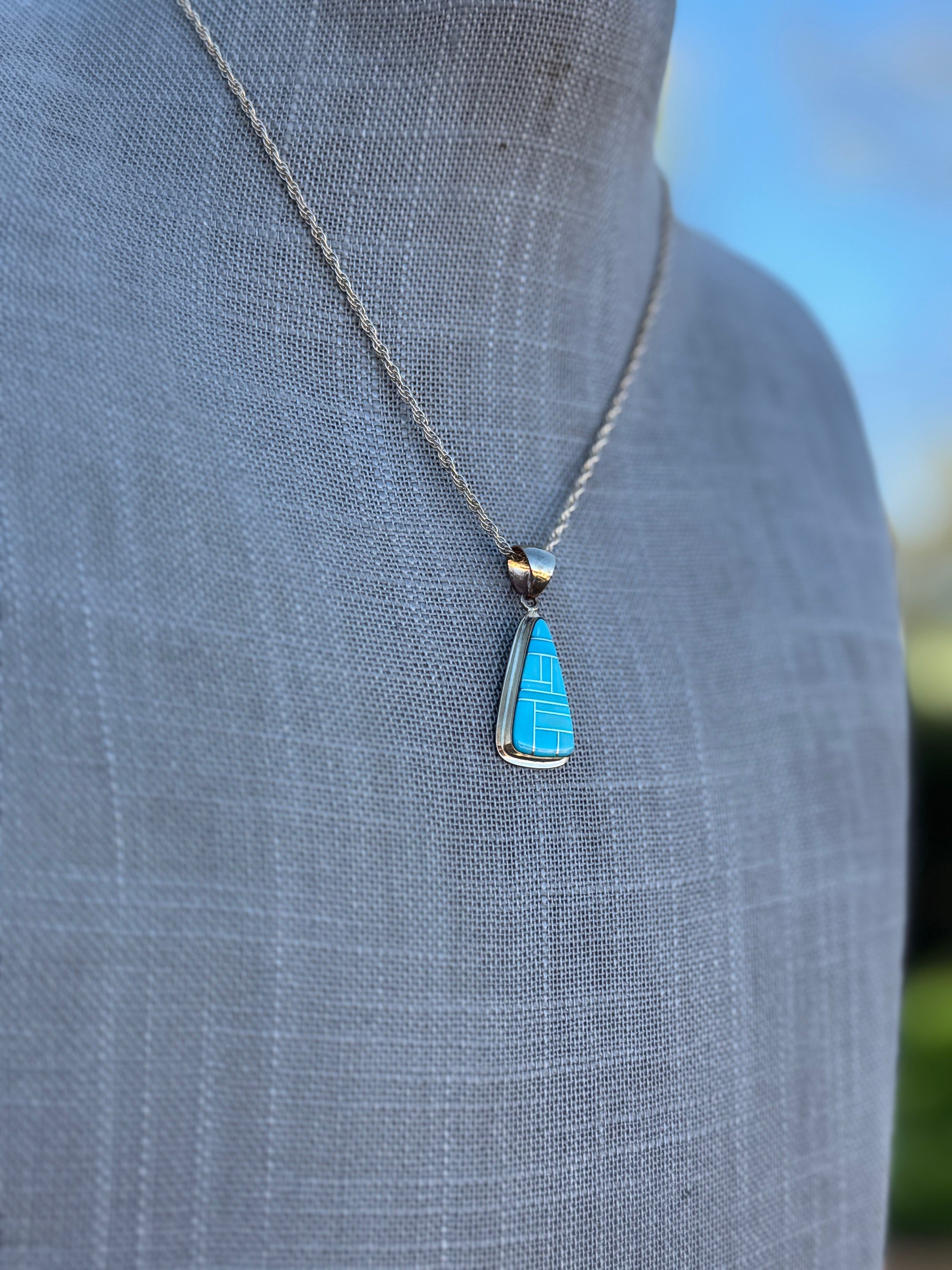 Handmade Gold Filled Over Sterling Silver & Turquoise Inlay Pendant Necklace 16"