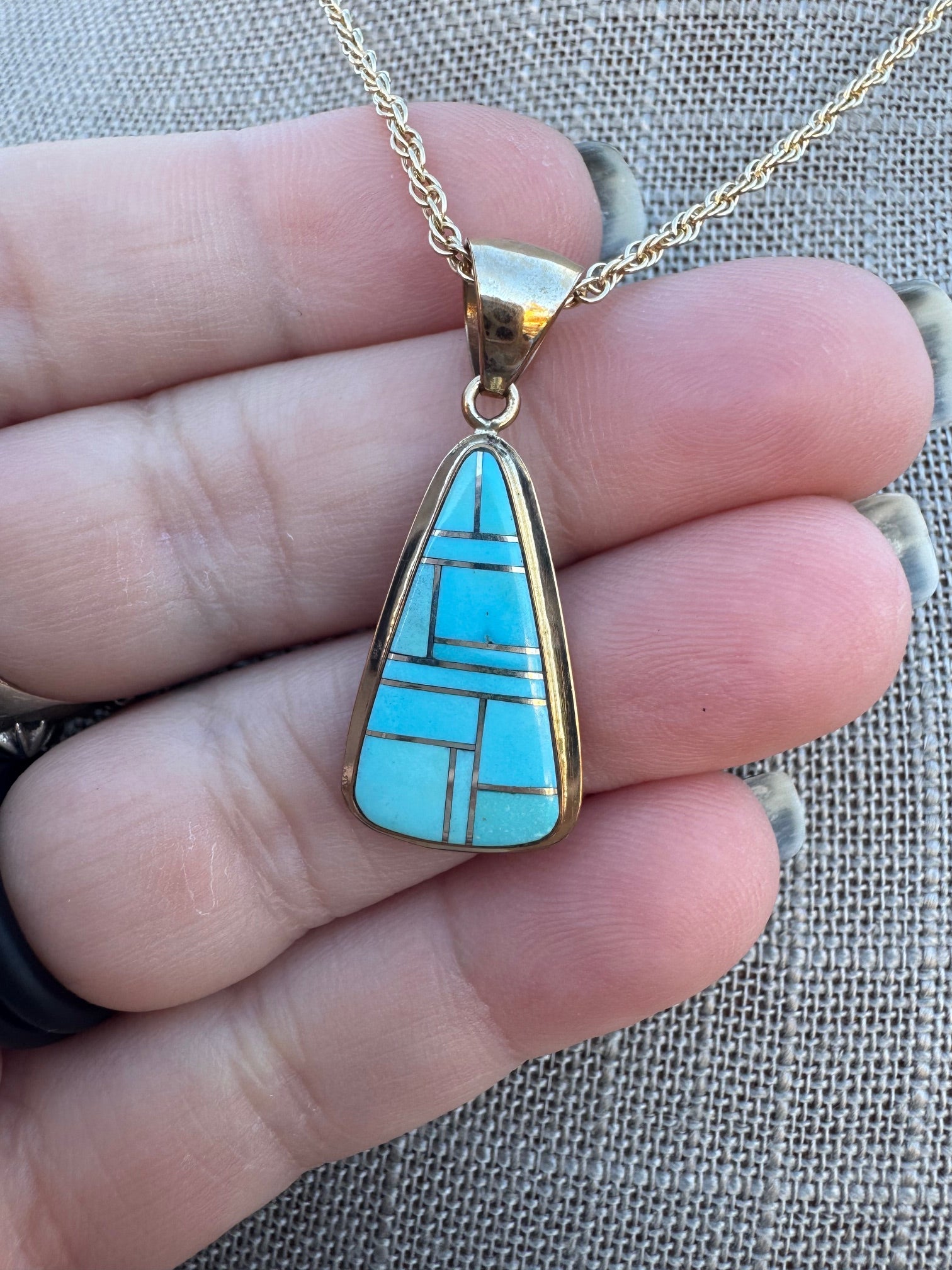 Handmade Gold Filled Over Sterling Silver & Turquoise Inlay Pendant Necklace 16"
