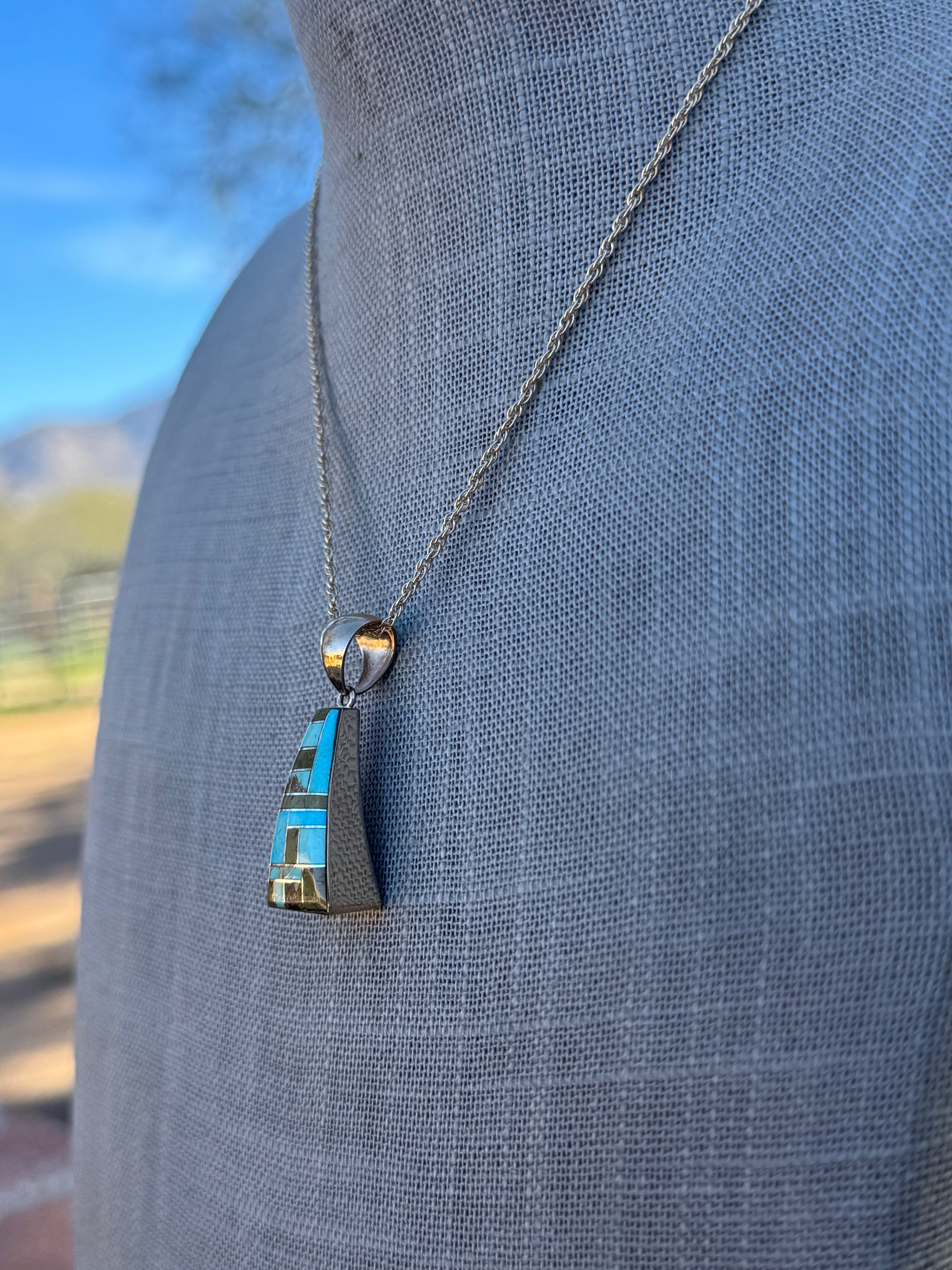 Handmade Gold Filled Over Sterling Silver & Turquoise Inlay Pendant Necklace 16"