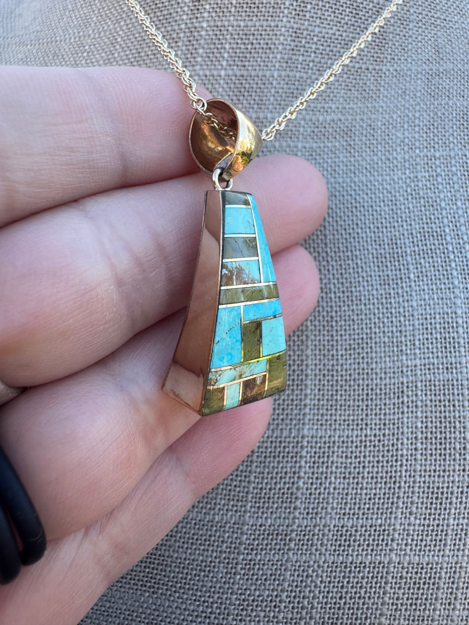 Handmade Gold Filled Over Sterling Silver & Turquoise Inlay Pendant Necklace 16"