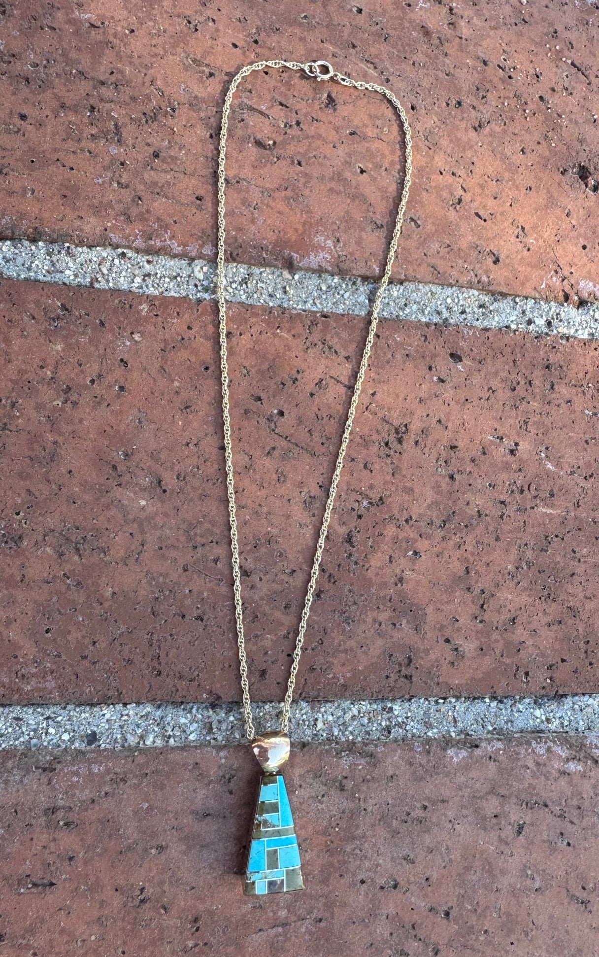 Handmade Gold Filled Over Sterling Silver & Turquoise Inlay Pendant Necklace 16"