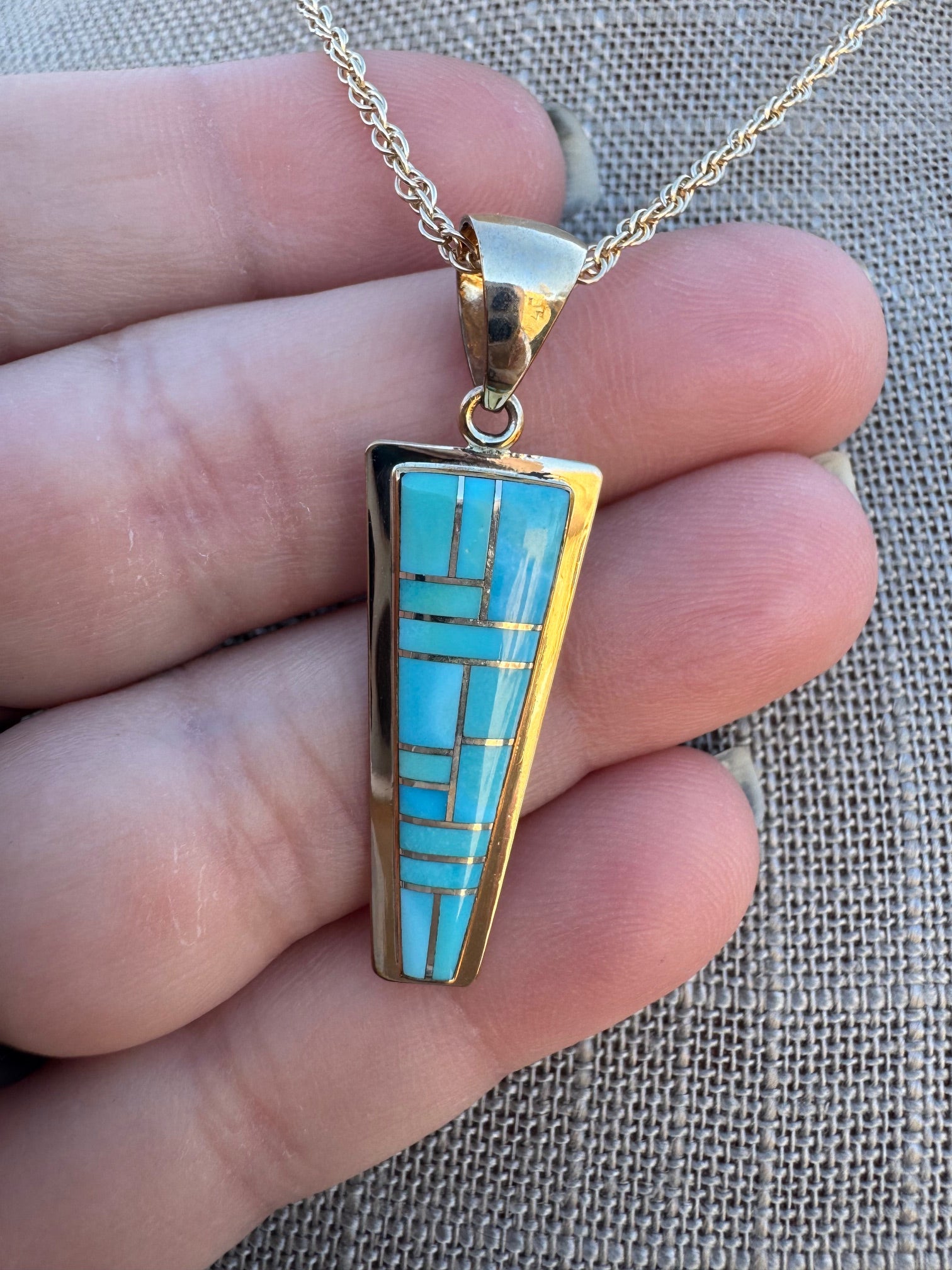 Handmade Gold Filled Over Sterling Silver & Turquoise Inlay Pendant Necklace