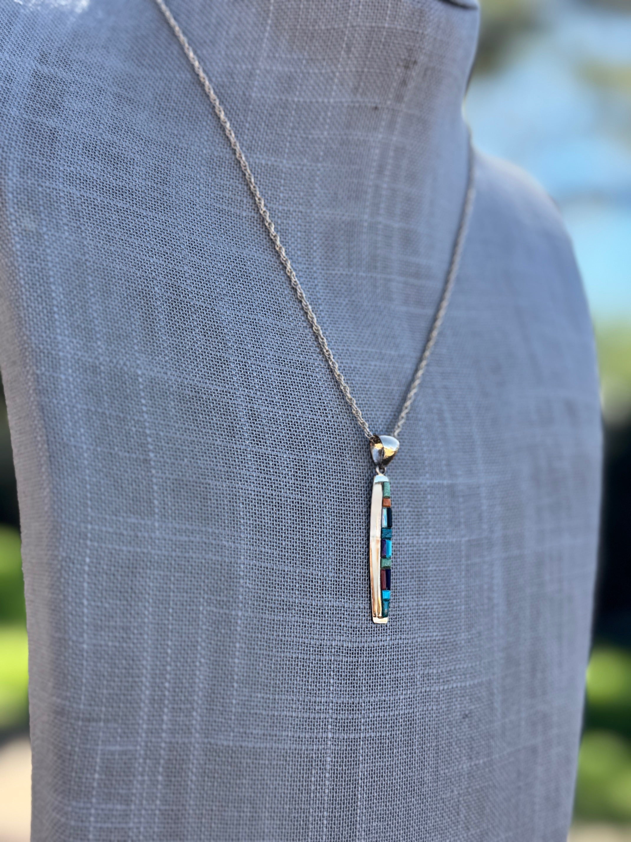 Handmade Gold Filled Over Sterling Silver & Multi Stone Inlay Pendant Necklace