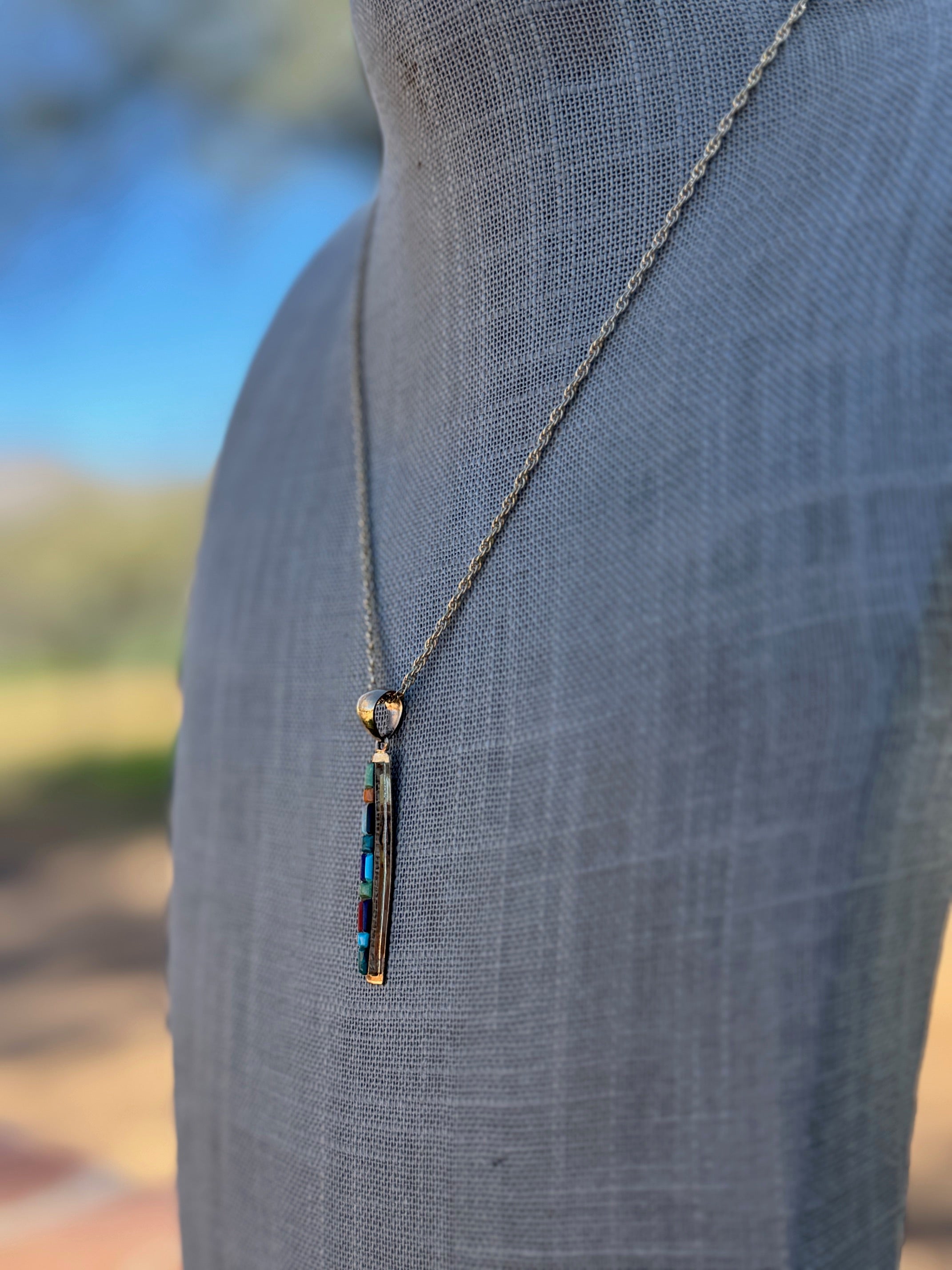 Handmade Gold Filled Over Sterling Silver & Multi Stone Inlay Pendant Necklace