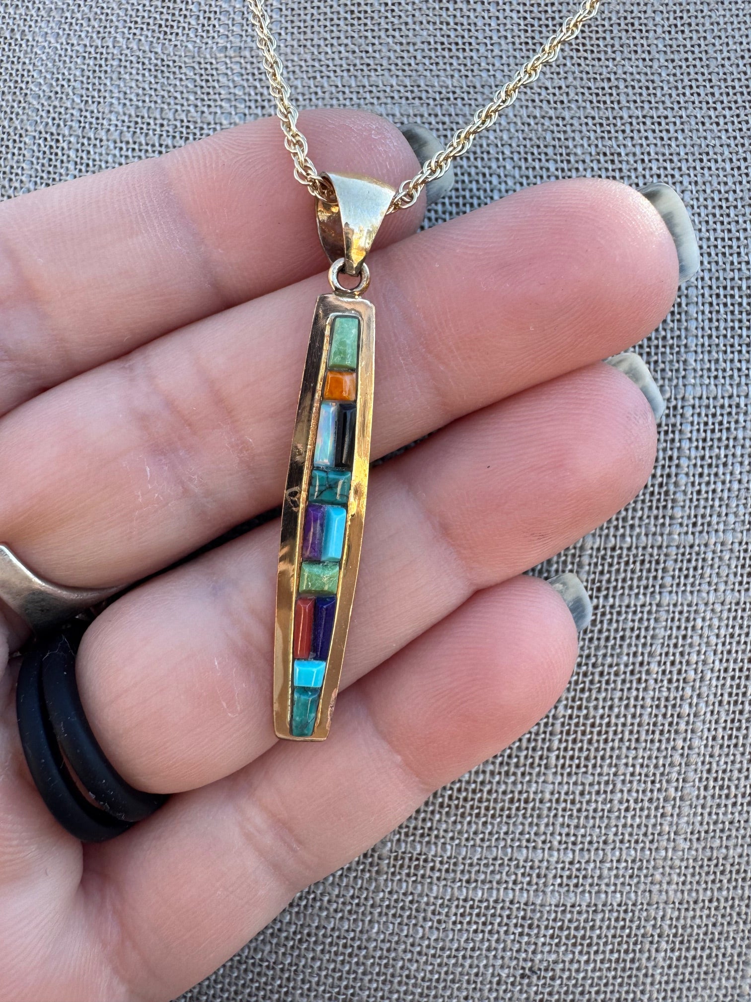 Handmade Gold Filled Over Sterling Silver & Multi Stone Inlay Pendant Necklace