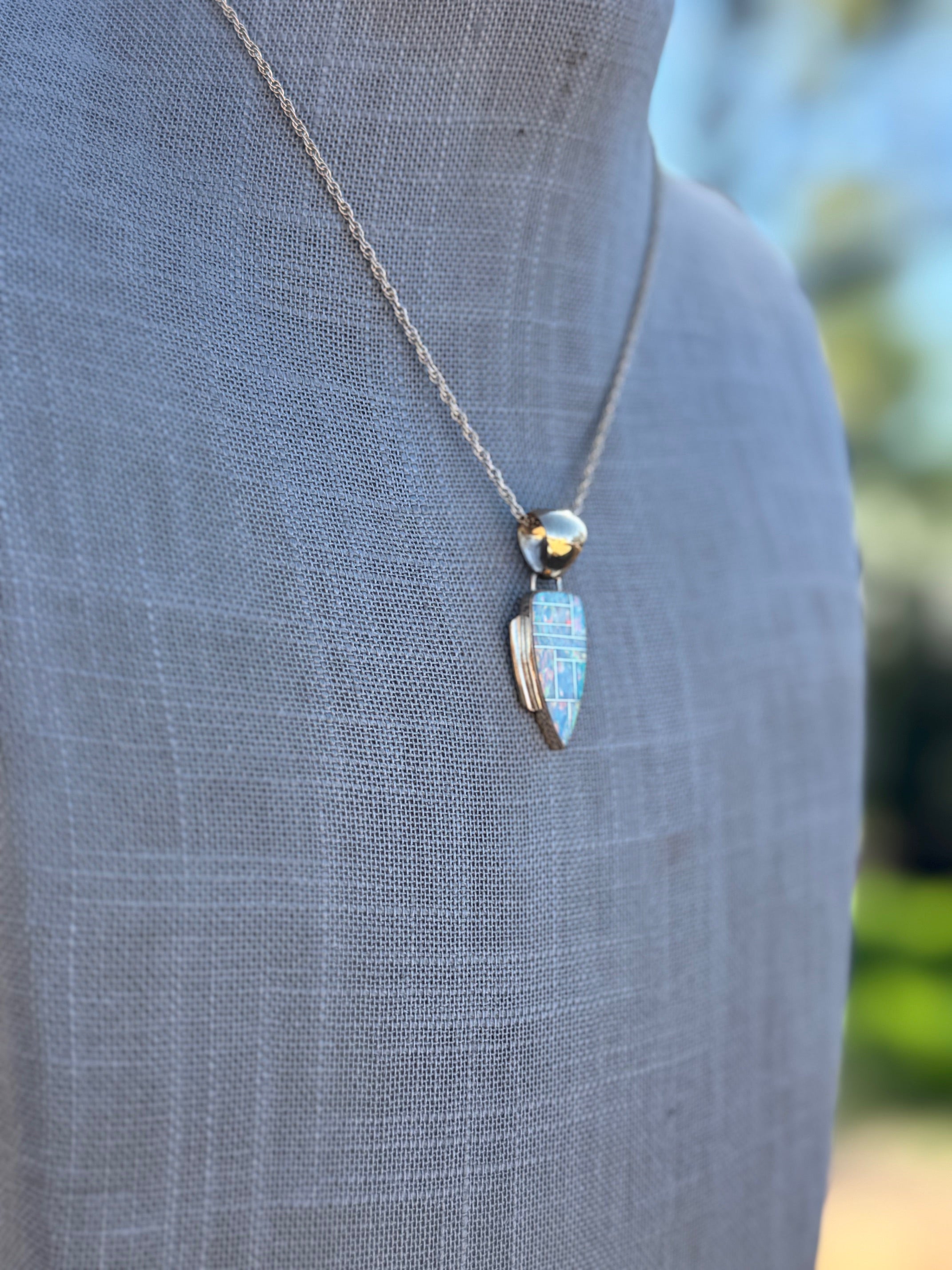 Handmade Gold Filled Over Sterling Silver & Opal Inlay Pendant Necklace