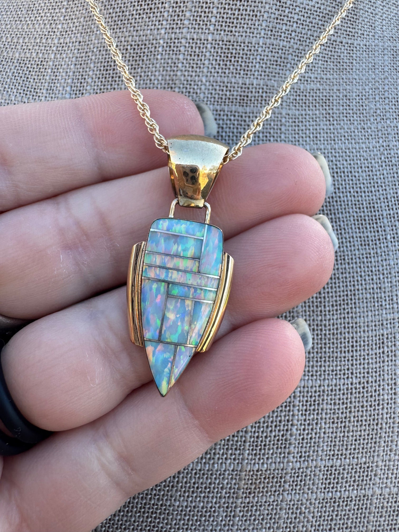 Handmade Gold Filled Over Sterling Silver & Opal Inlay Pendant Necklace