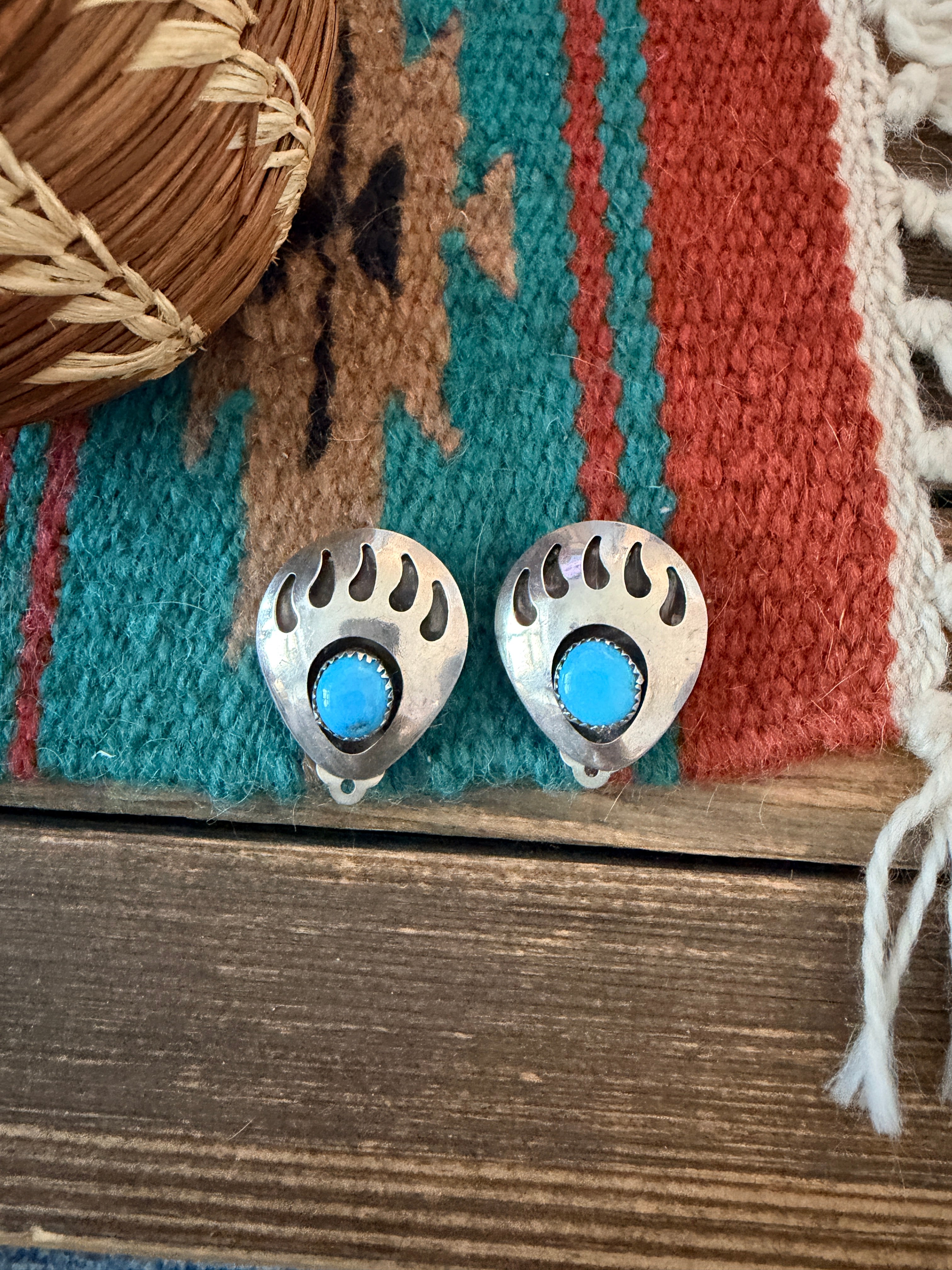 Old Pawn Handcrafted Sterling Silver & Turquoise Bear Paw Clip On Earrings