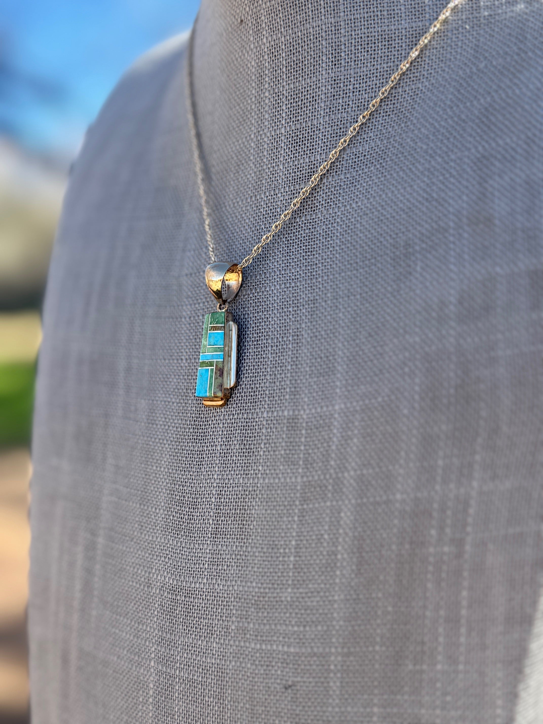 Handmade Gold Filled Over Sterling Silver & Sonoran Mountain Turquoise Inlay Pendant Necklace (Copy)