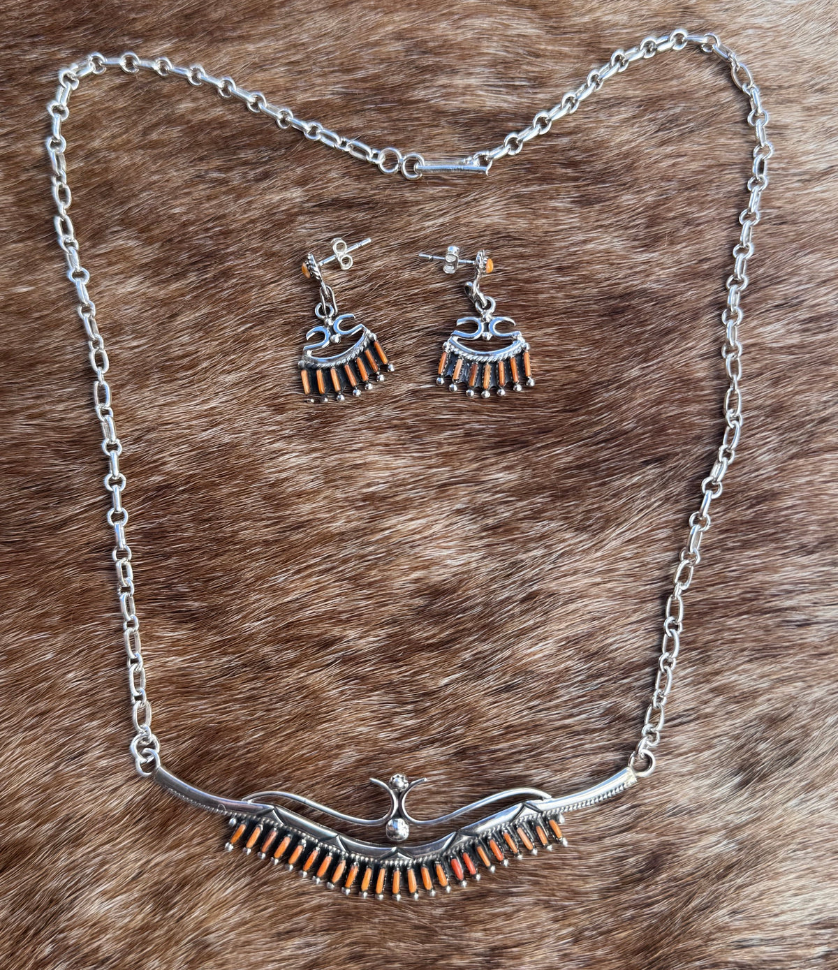 Handmade Sterling Silver & Orange Spiny Needlepoint Necklace Set