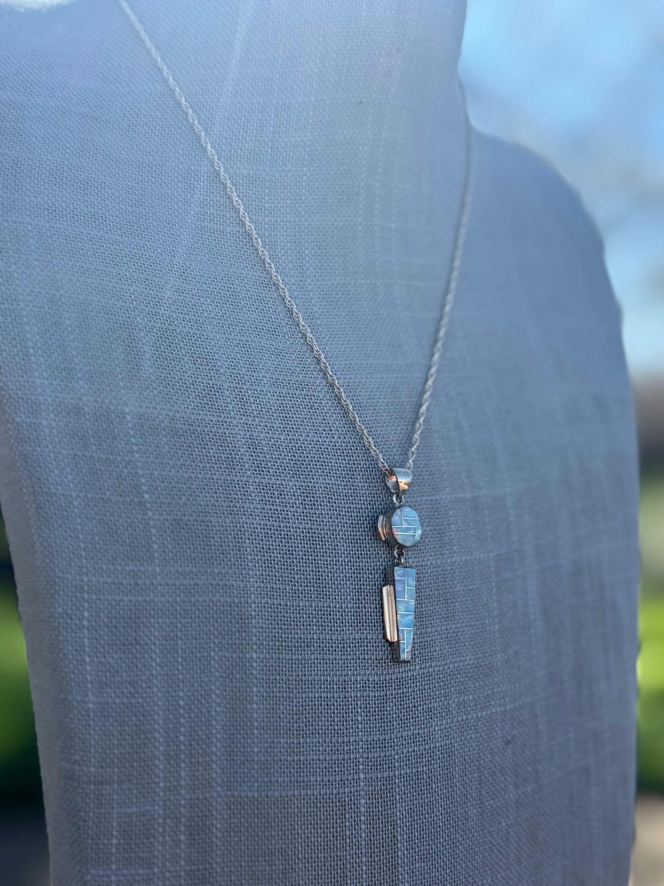 Handmade Gold Filled Over Sterling Silver & Opal Inlay Pendant Necklace 18"