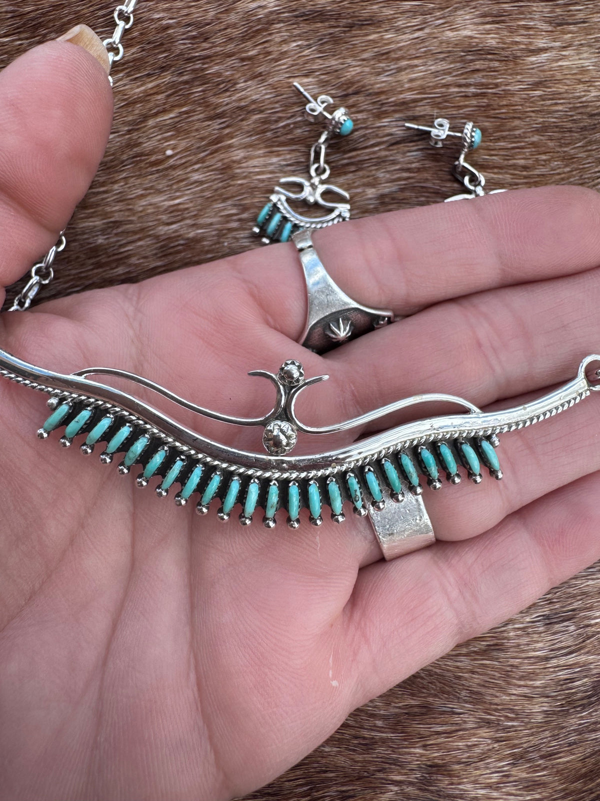 Handmade Sterling Silver & Turquoise Needlepoint Necklace Set