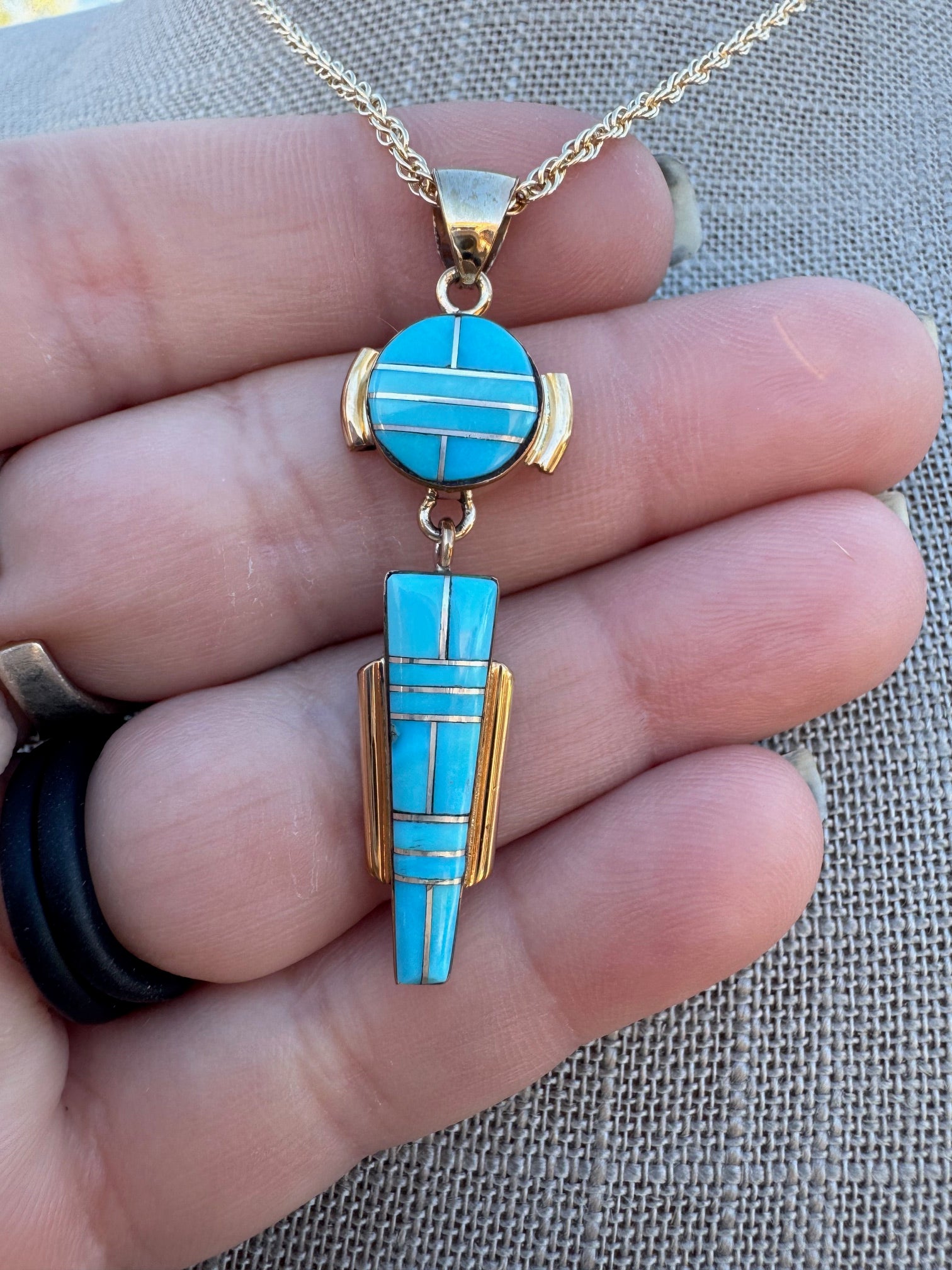 Handmade Gold Filled Over Sterling Silver & Turquoise Inlay Pendant Necklace