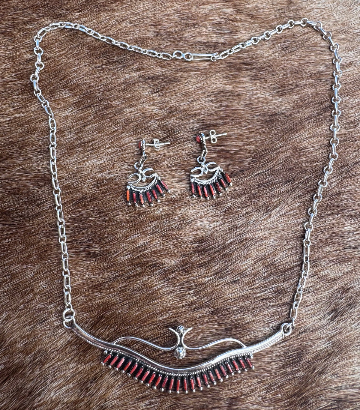 Handmade Sterling Silver & Red Spiny Needlepoint Necklace Set