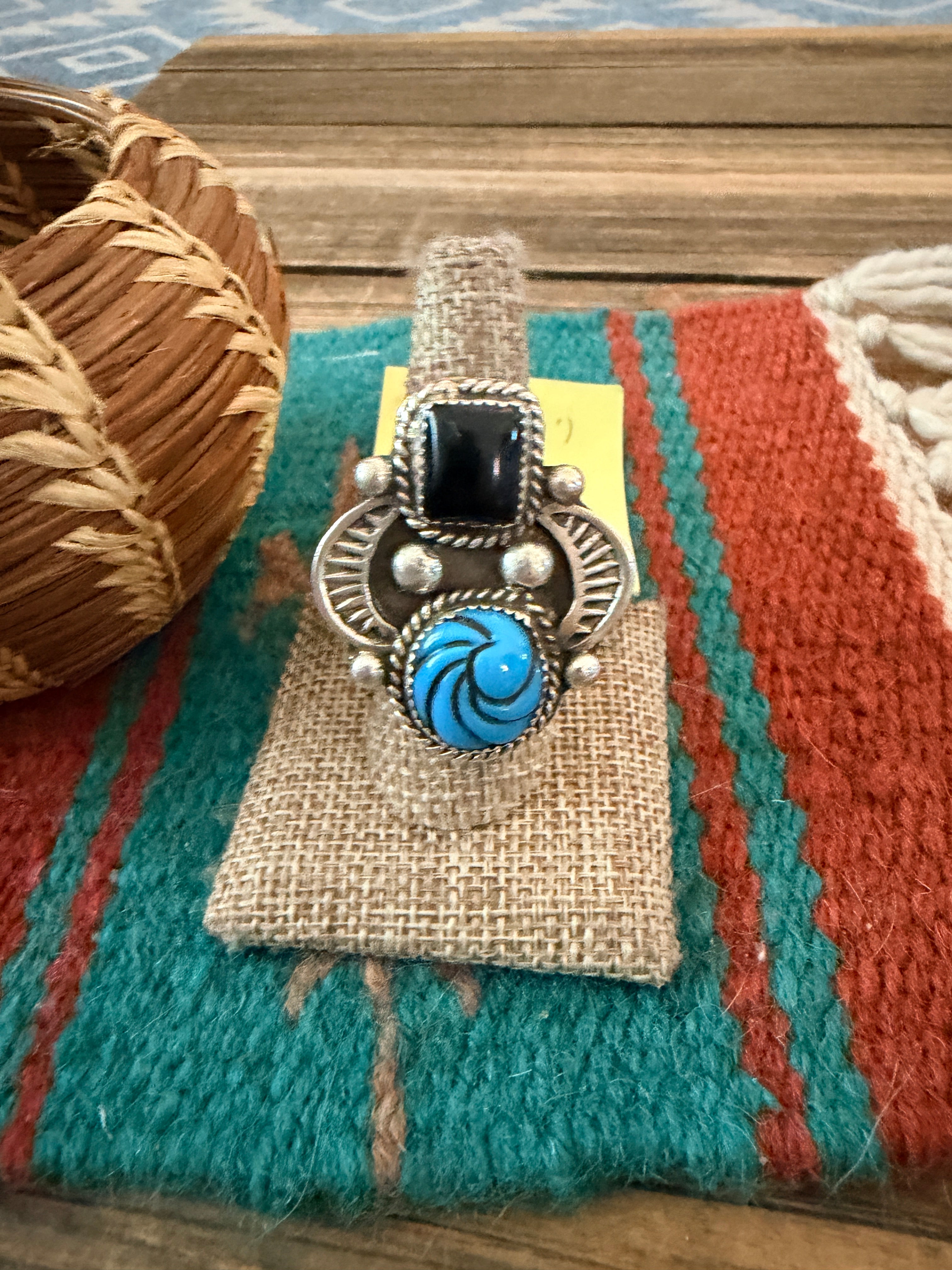 Old Pawn Handcrafted Turquoise, Onyx & Sterling Silve Adjustable Ring