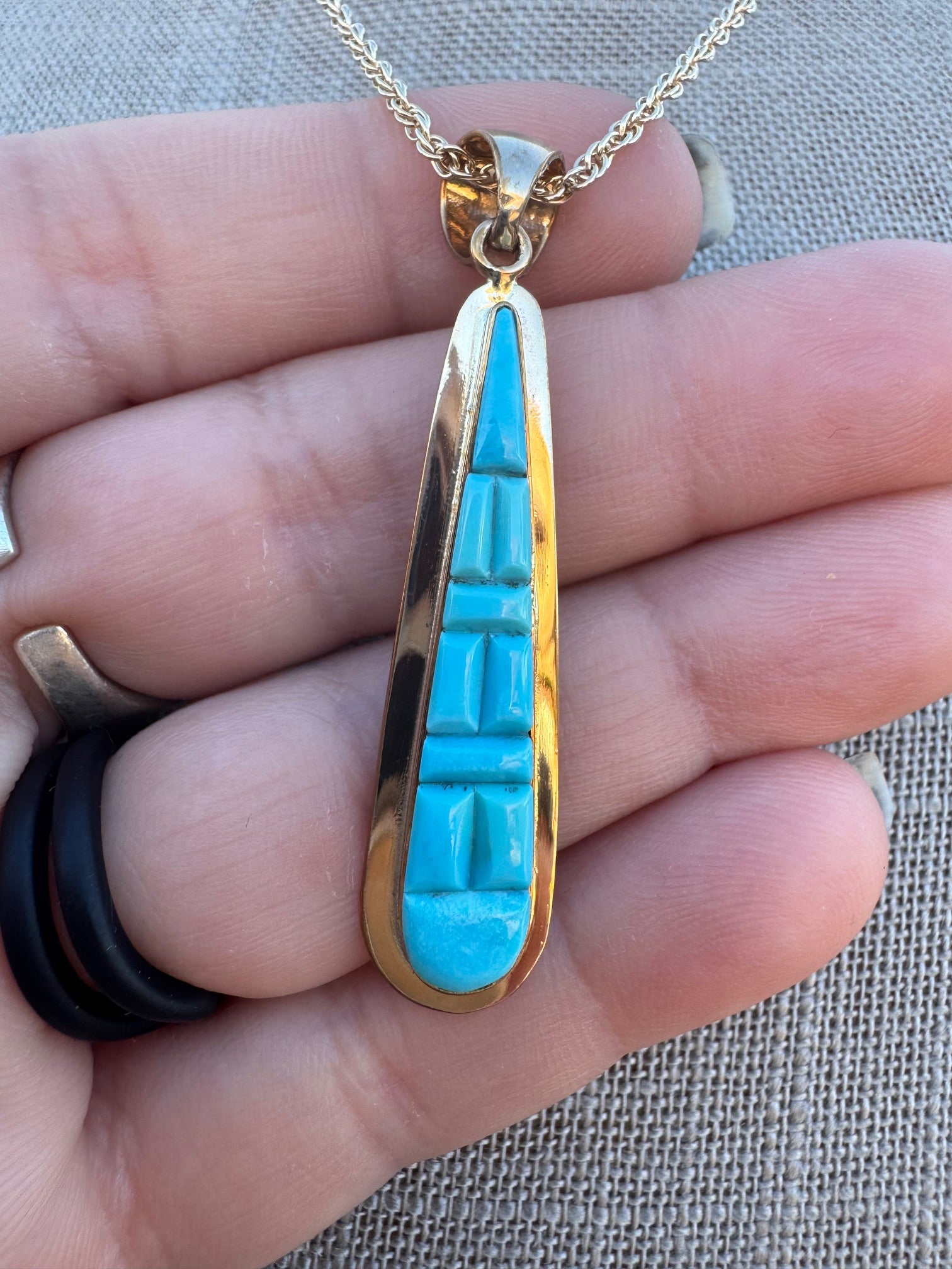 Handmade Gold Filled Over Sterling Silver & Turquoise Inlay Pendant Necklace