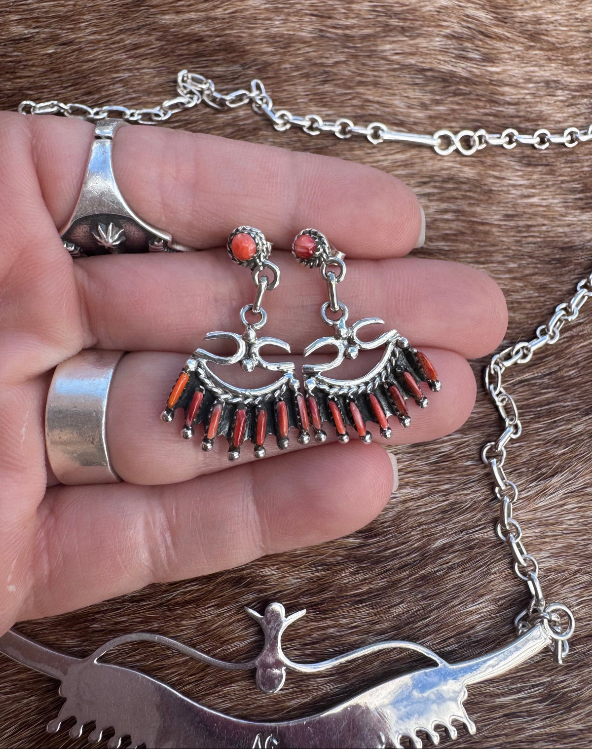 Handmade Sterling Silver & Red Spiny Needlepoint Necklace Set