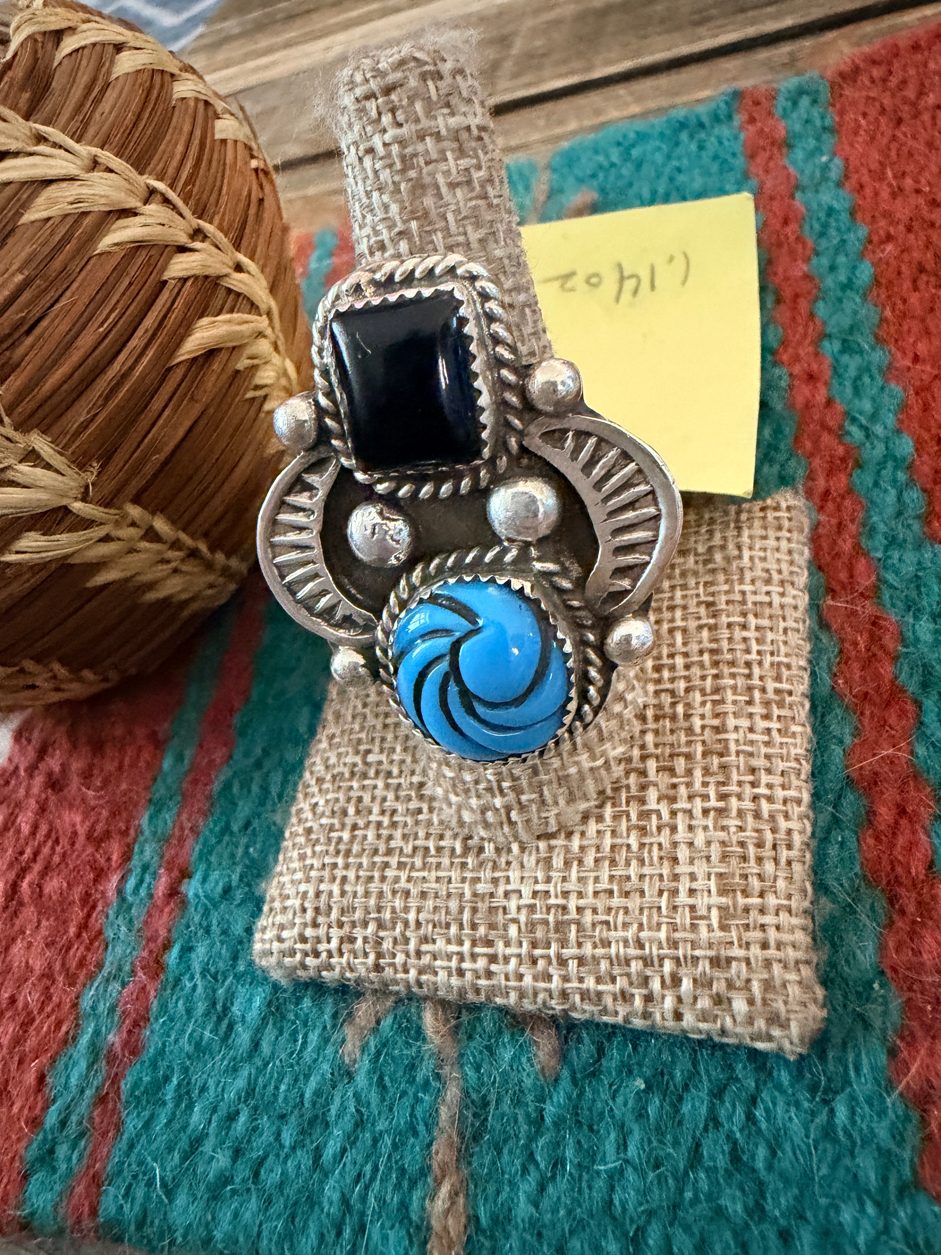 Old Pawn Handcrafted Turquoise, Onyx & Sterling Silve Adjustable Ring
