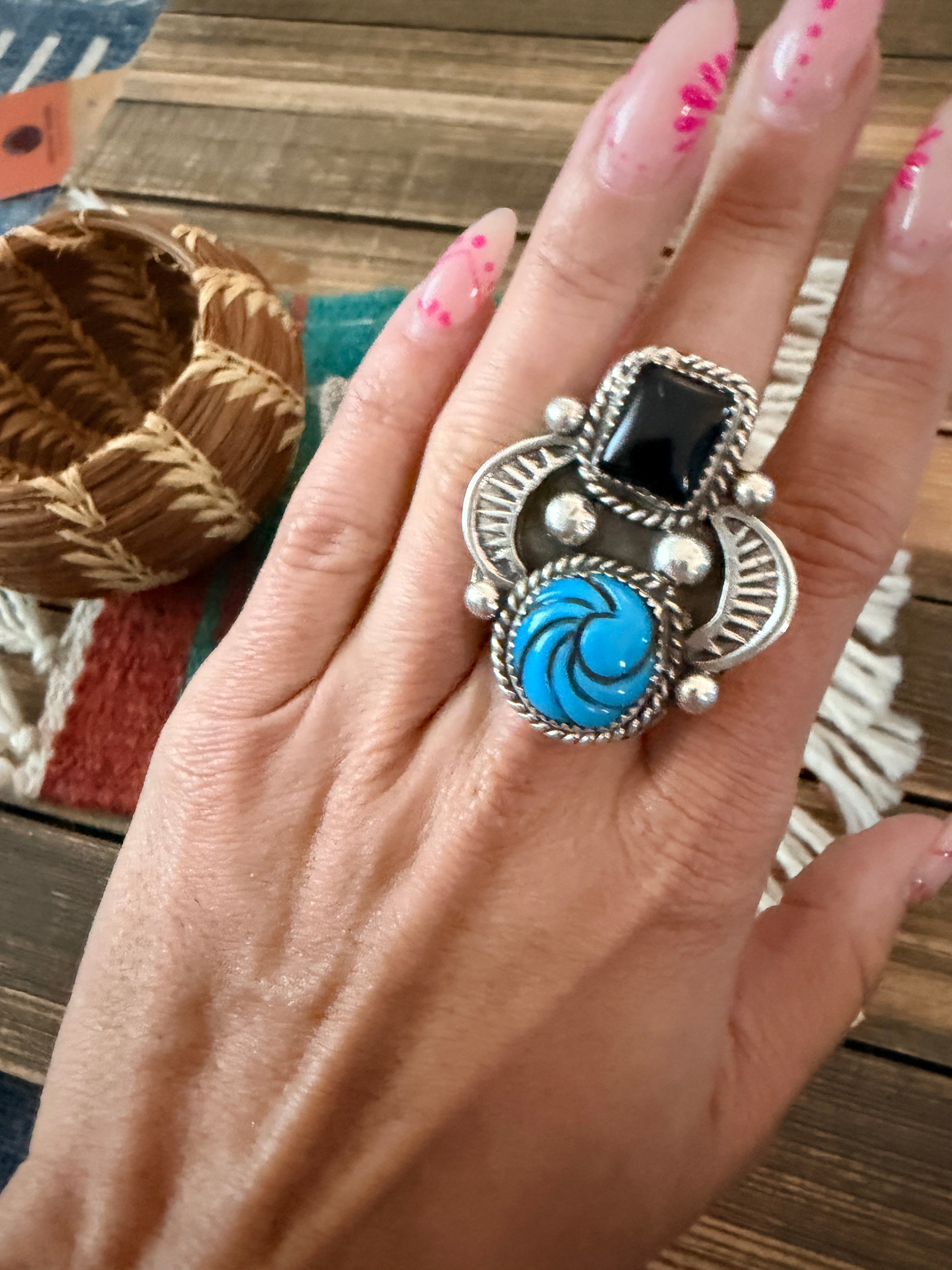 Old Pawn Handcrafted Turquoise, Onyx & Sterling Silve Adjustable Ring