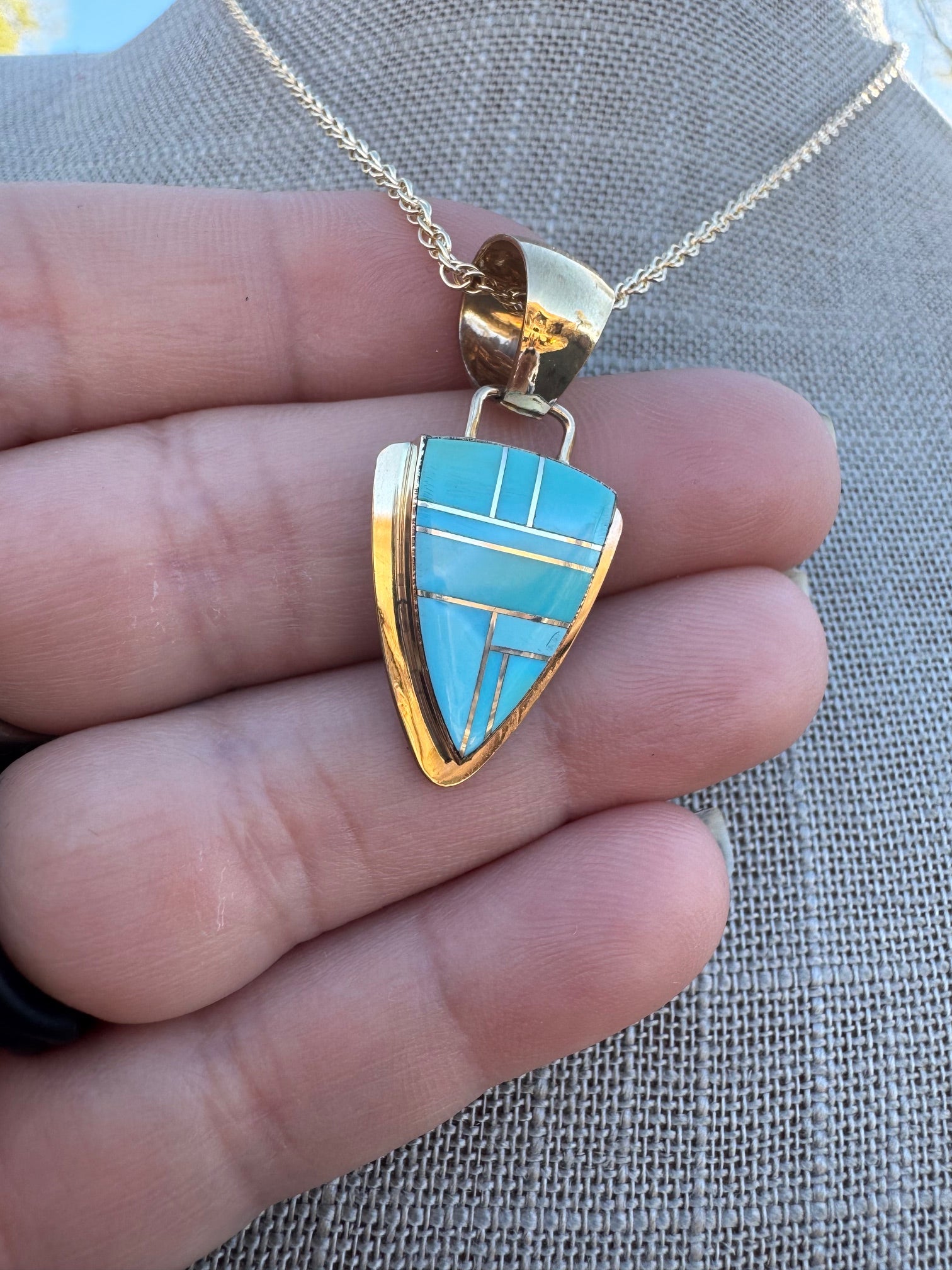 Handmade Gold Filled Over Sterling Silver & Turquoise Inlay Pendant Necklace