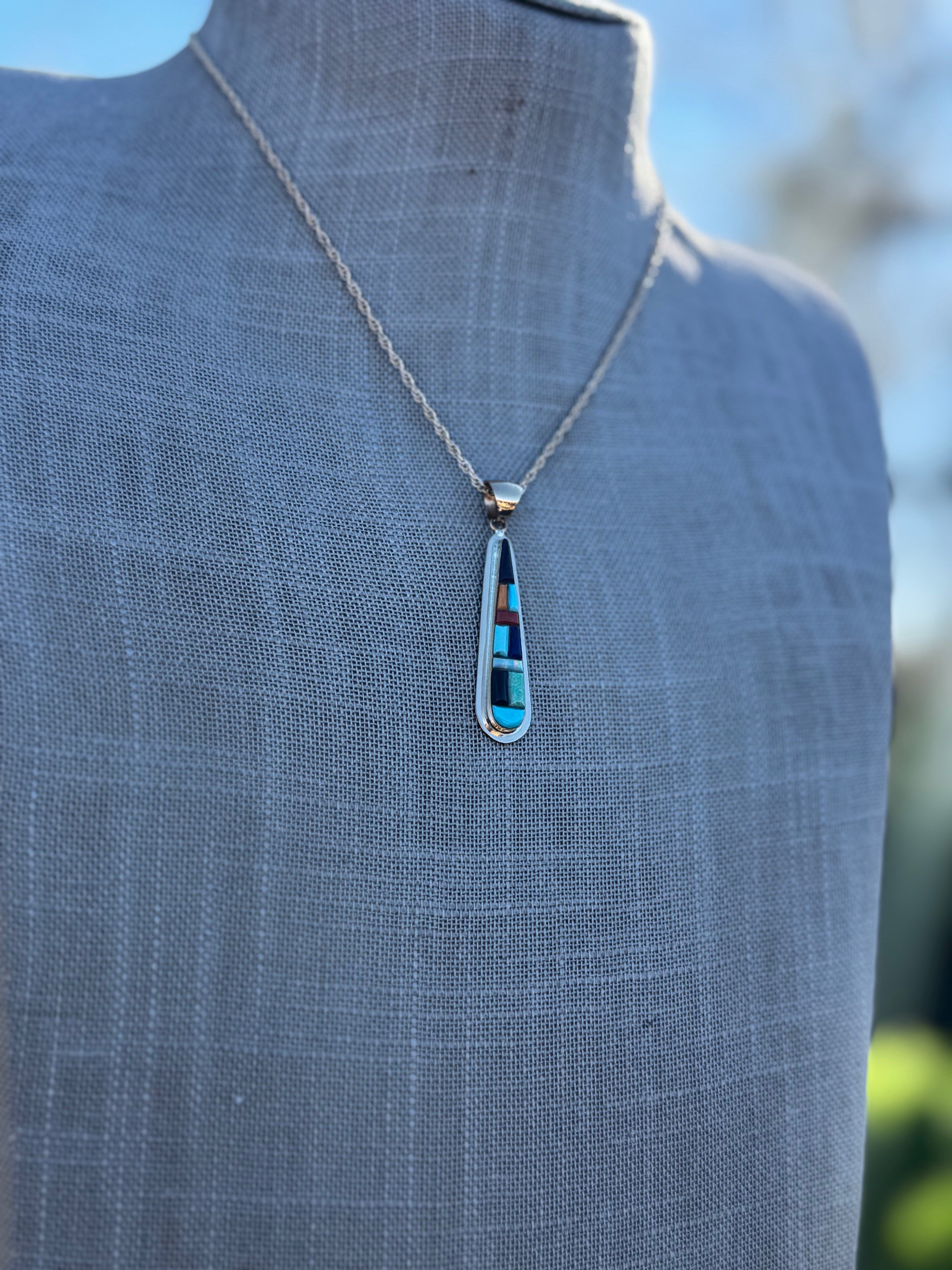 Handmade Gold Filled Over Sterling Silver & Multi Stone Inlay Pendant Necklace