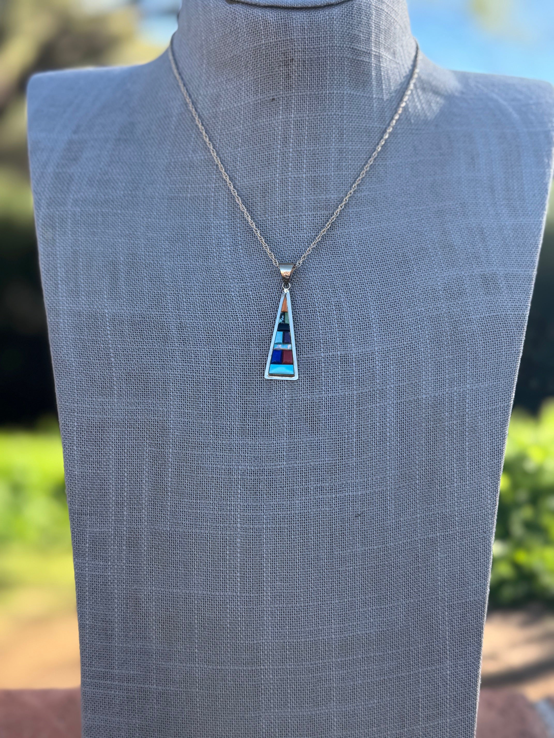 Handmade Gold Filled Over Sterling Silver & Multi Stone Inlay Pendant Necklace