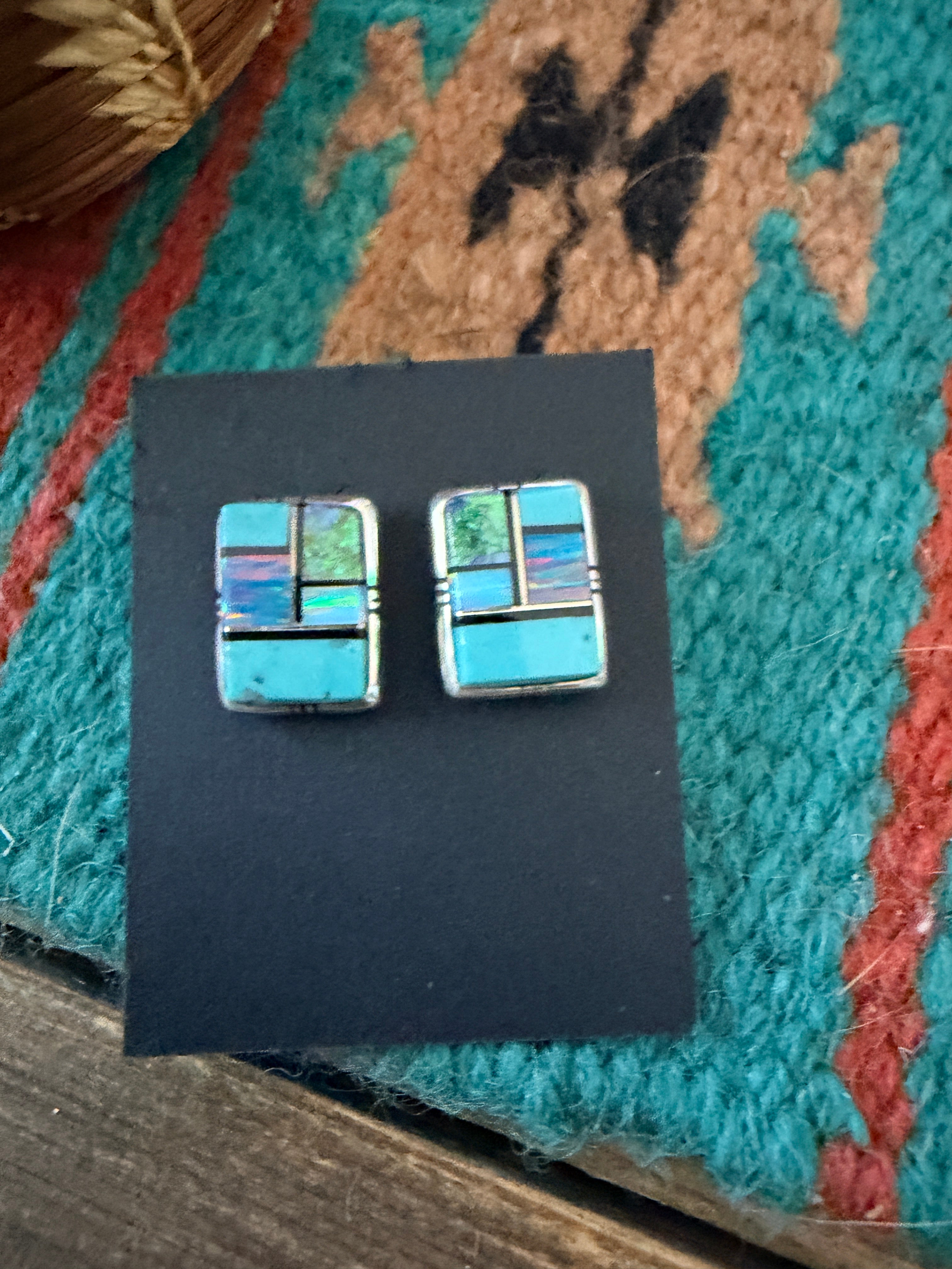 Handcrafted Opal, Turquoise & Sterling Silver Inlay Post Earrings (Copy)