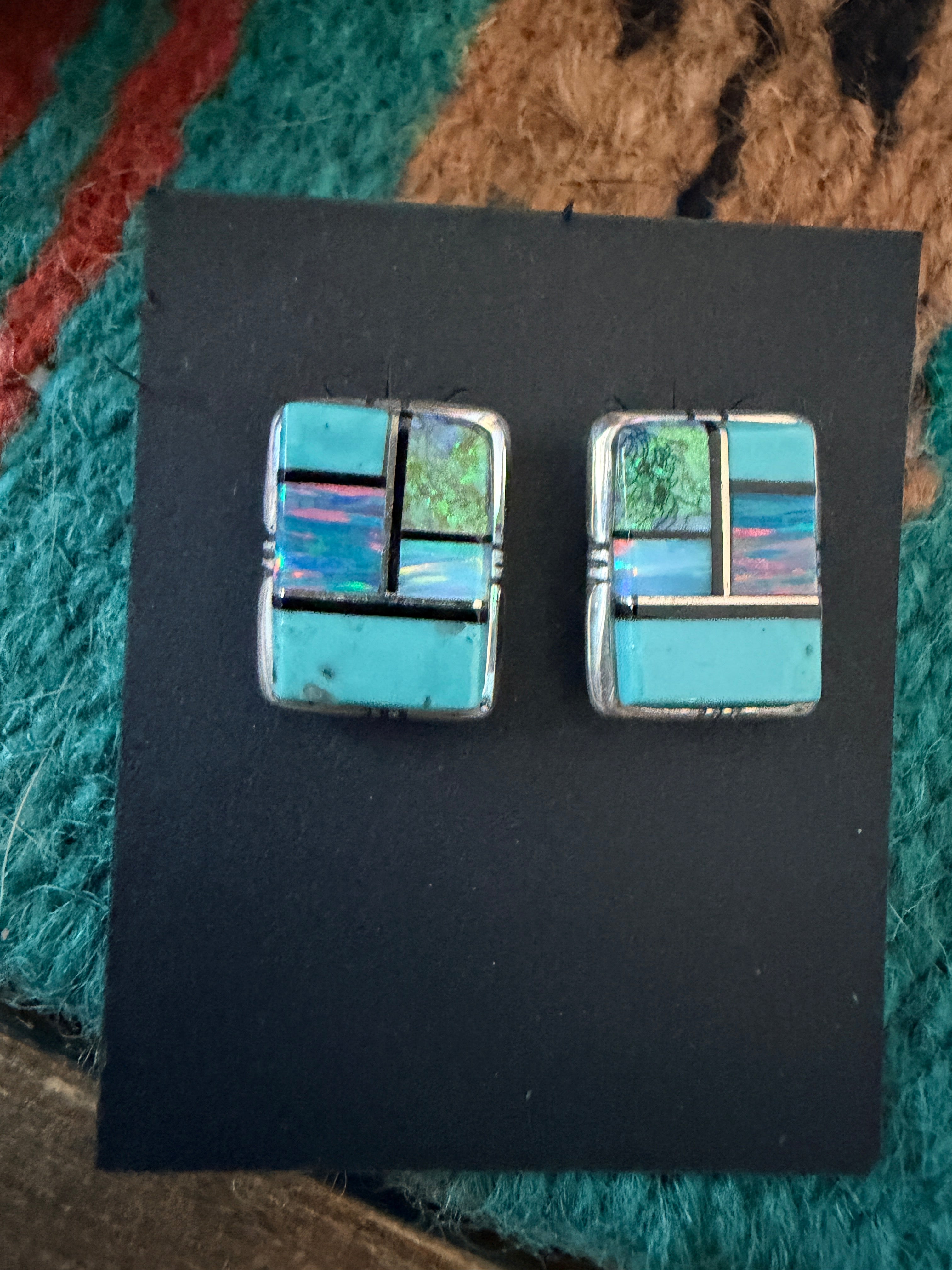 Handcrafted Opal, Turquoise & Sterling Silver Inlay Post Earrings (Copy)