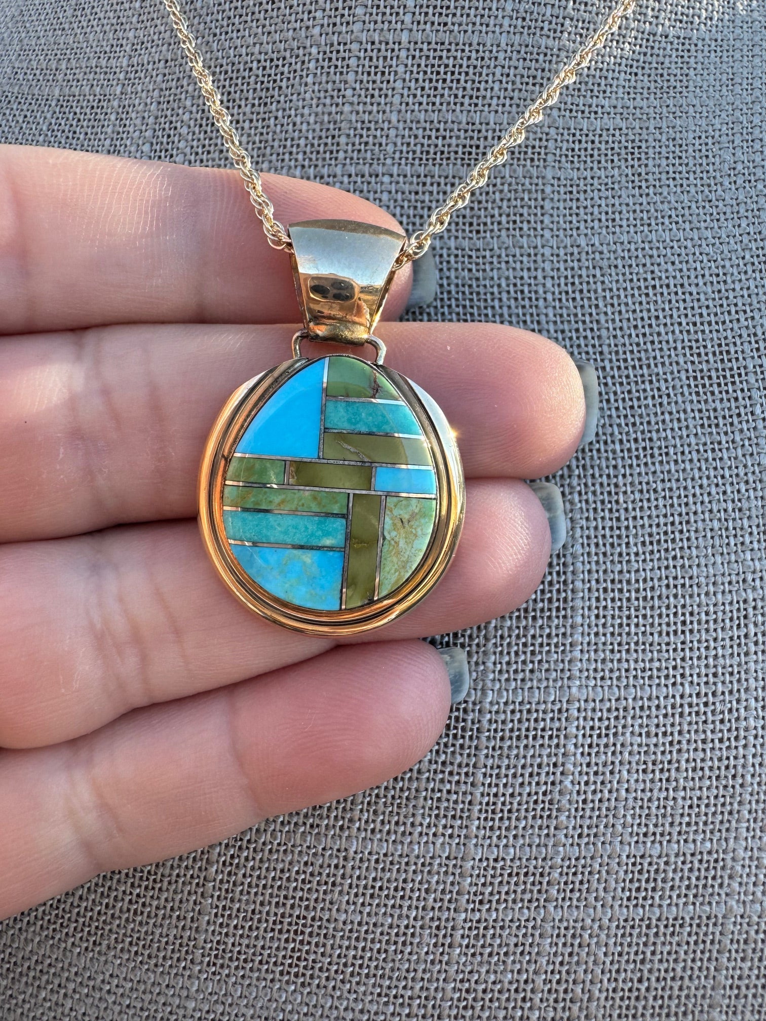 Handmade Gold Filled Over Sterling Silver & Sonoran Mountain Turquoise Inlay Pendant Necklace