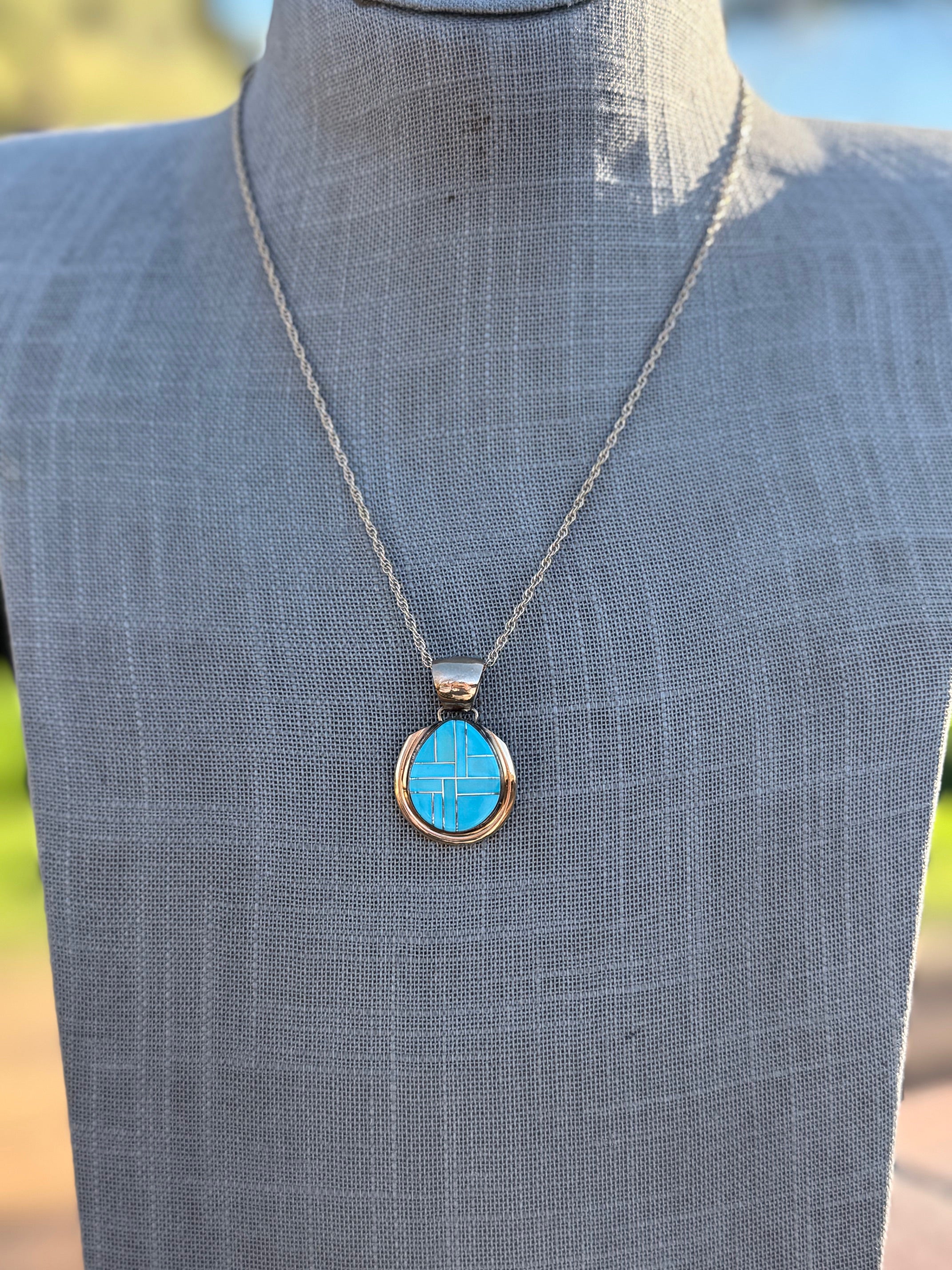 Handmade Gold Filled Over Sterling Silver & Turquoise Inlay Pendant Necklace