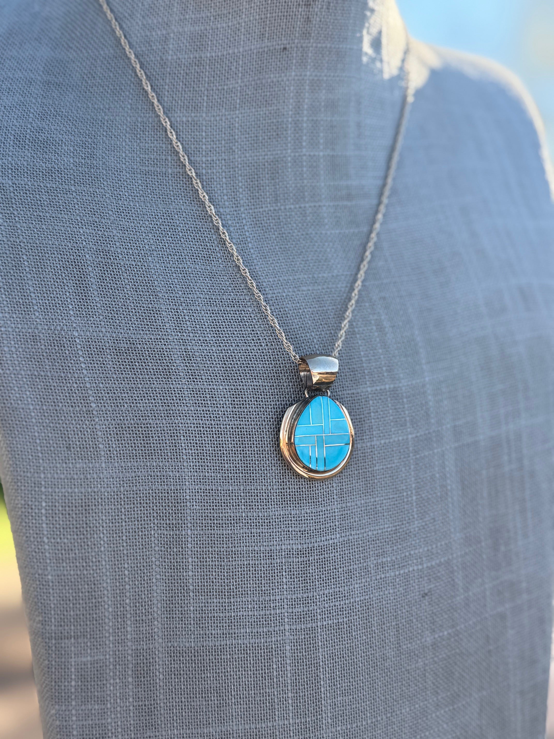 Handmade Gold Filled Over Sterling Silver & Turquoise Inlay Pendant Necklace