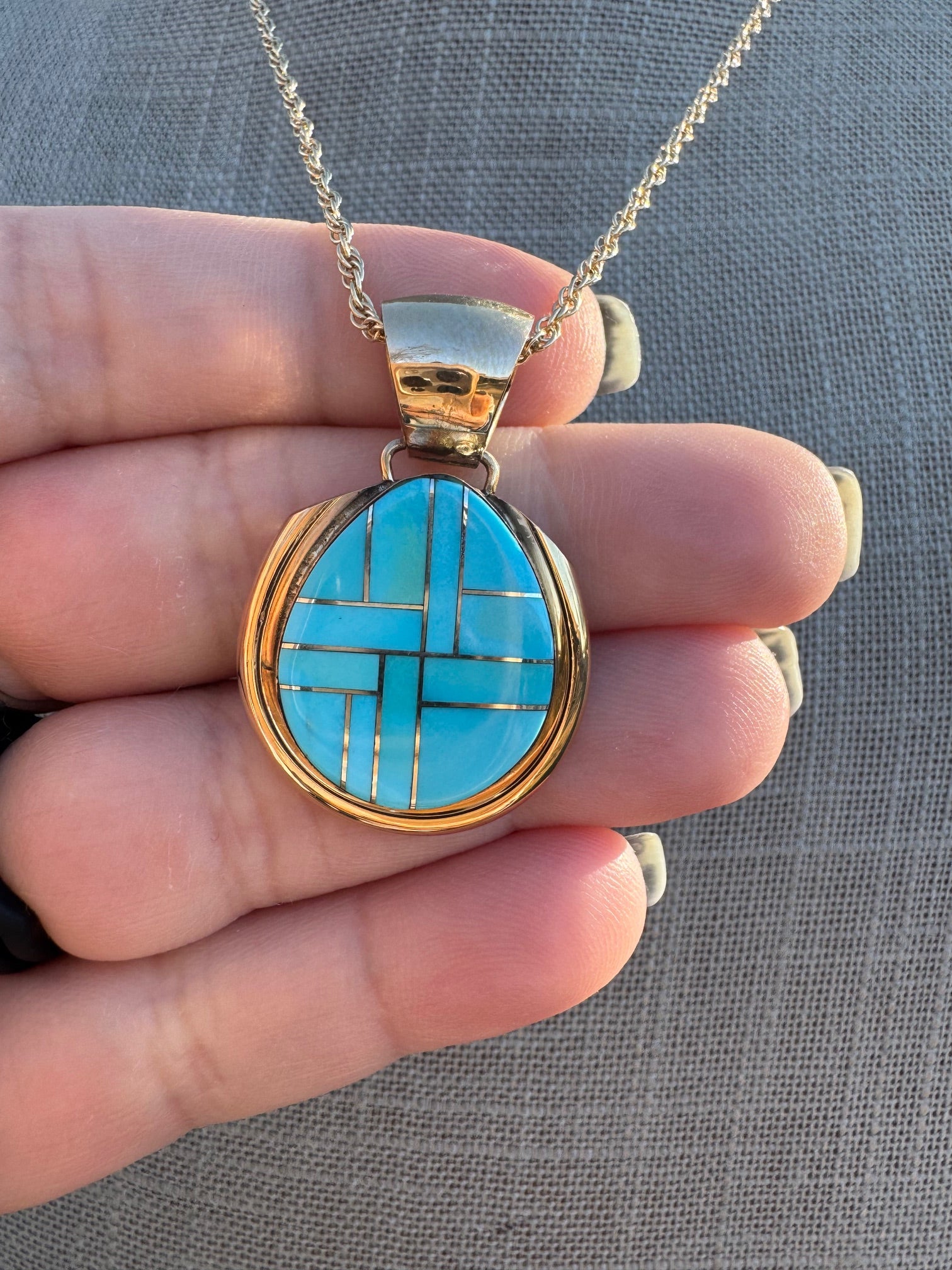 Handmade Gold Filled Over Sterling Silver & Turquoise Inlay Pendant Necklace