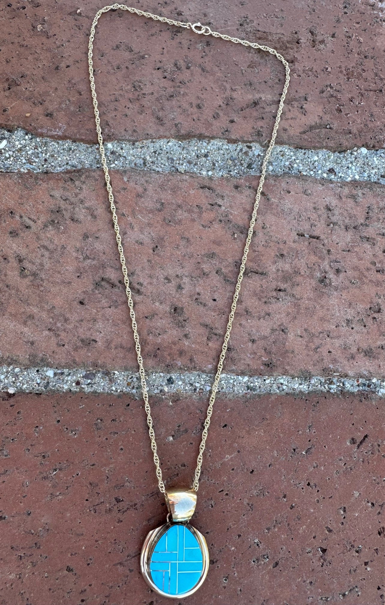 Handmade Gold Filled Over Sterling Silver & Turquoise Inlay Pendant Necklace