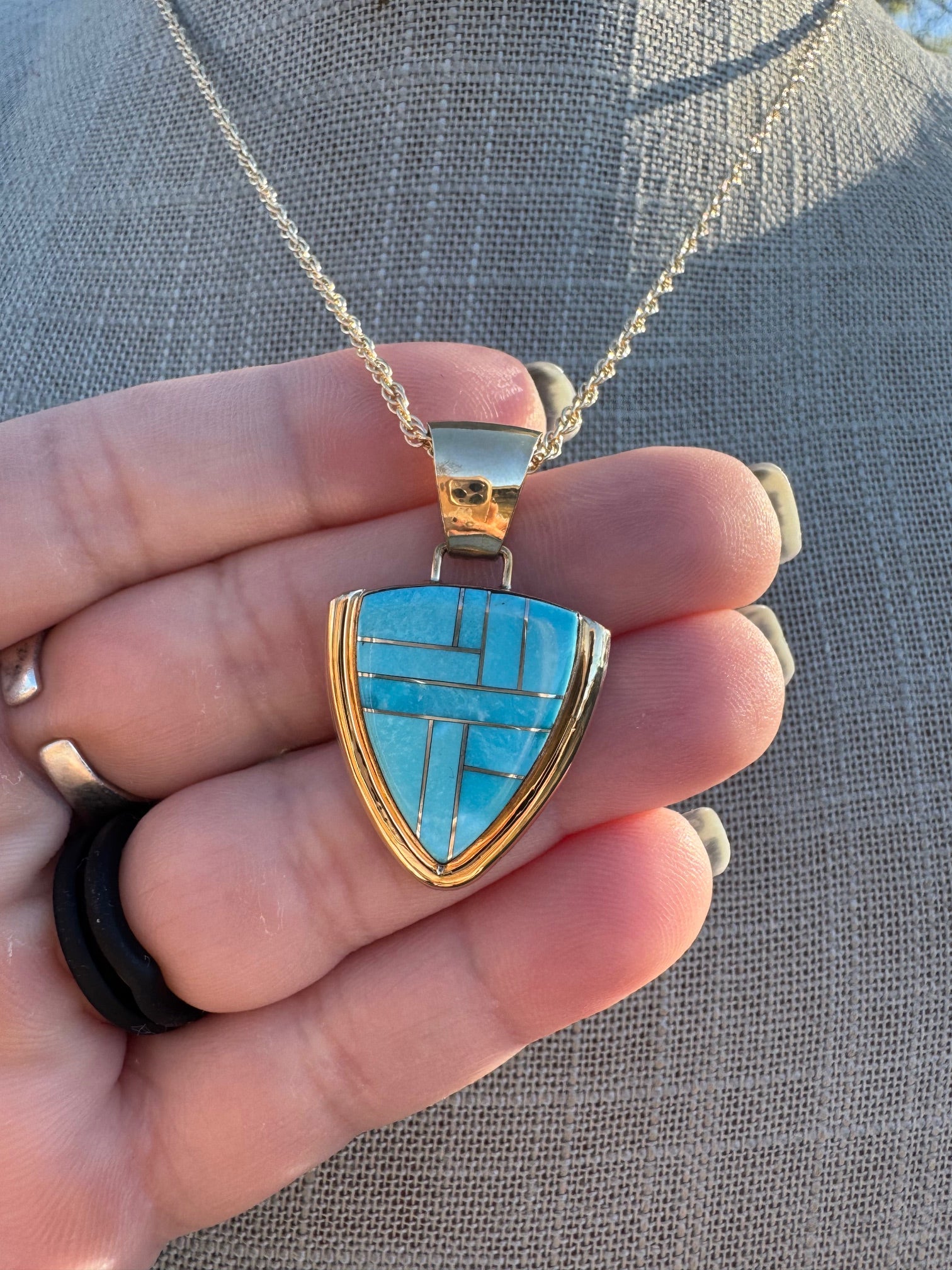 Handmade Gold Filled Over Sterling Silver & Turquoise Inlay Pendant Necklace
