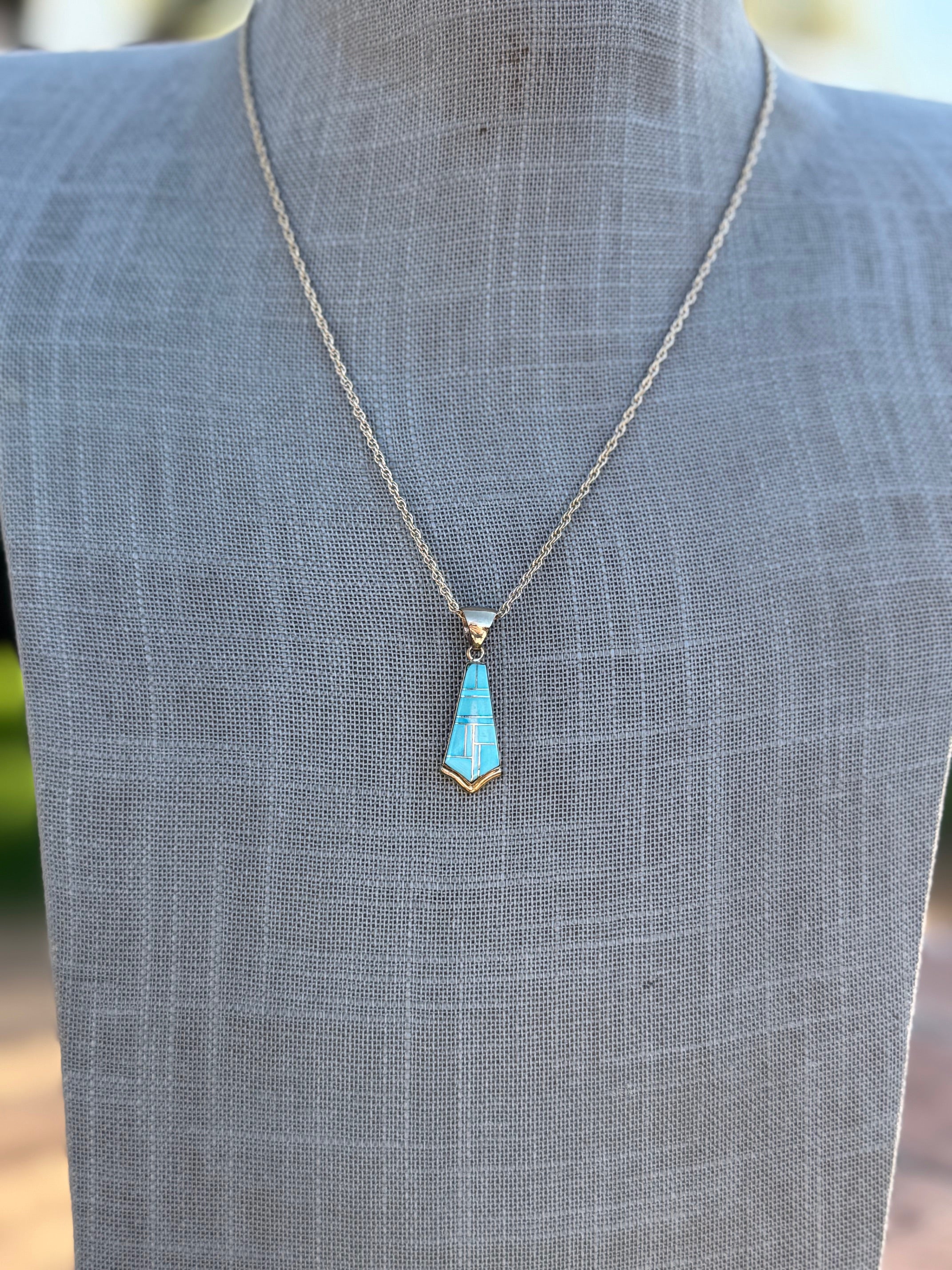 Handmade Gold Filled Over Sterling Silver & Turquoise Inlay Pendant Necklace