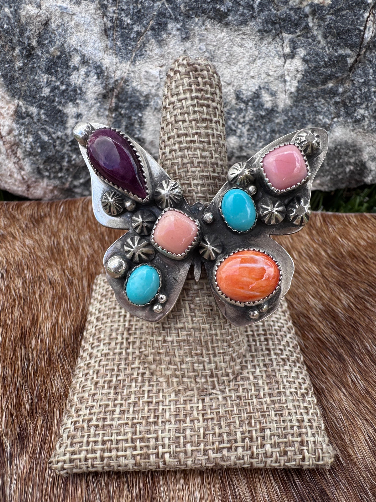 Handmade Multi Stone Adjustable Butterfly Ring by Roaming Buffalo